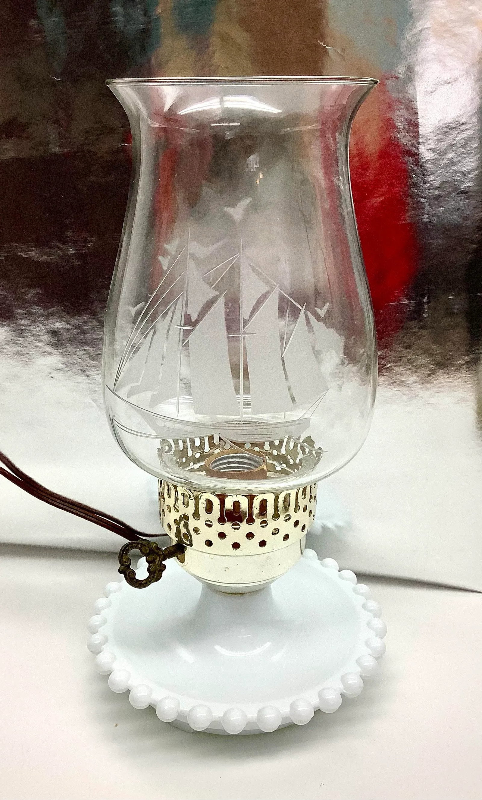 Mid Century Opaline Milk Glass Hurricane Lamp Nautical Theme - 8