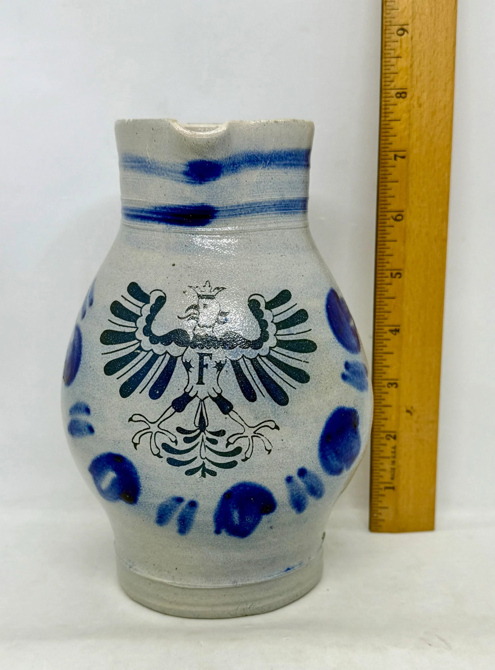 Mid 20th Century German Salt-Glazed Stoneware Pitcher With Blue Eagle Emblem - 10