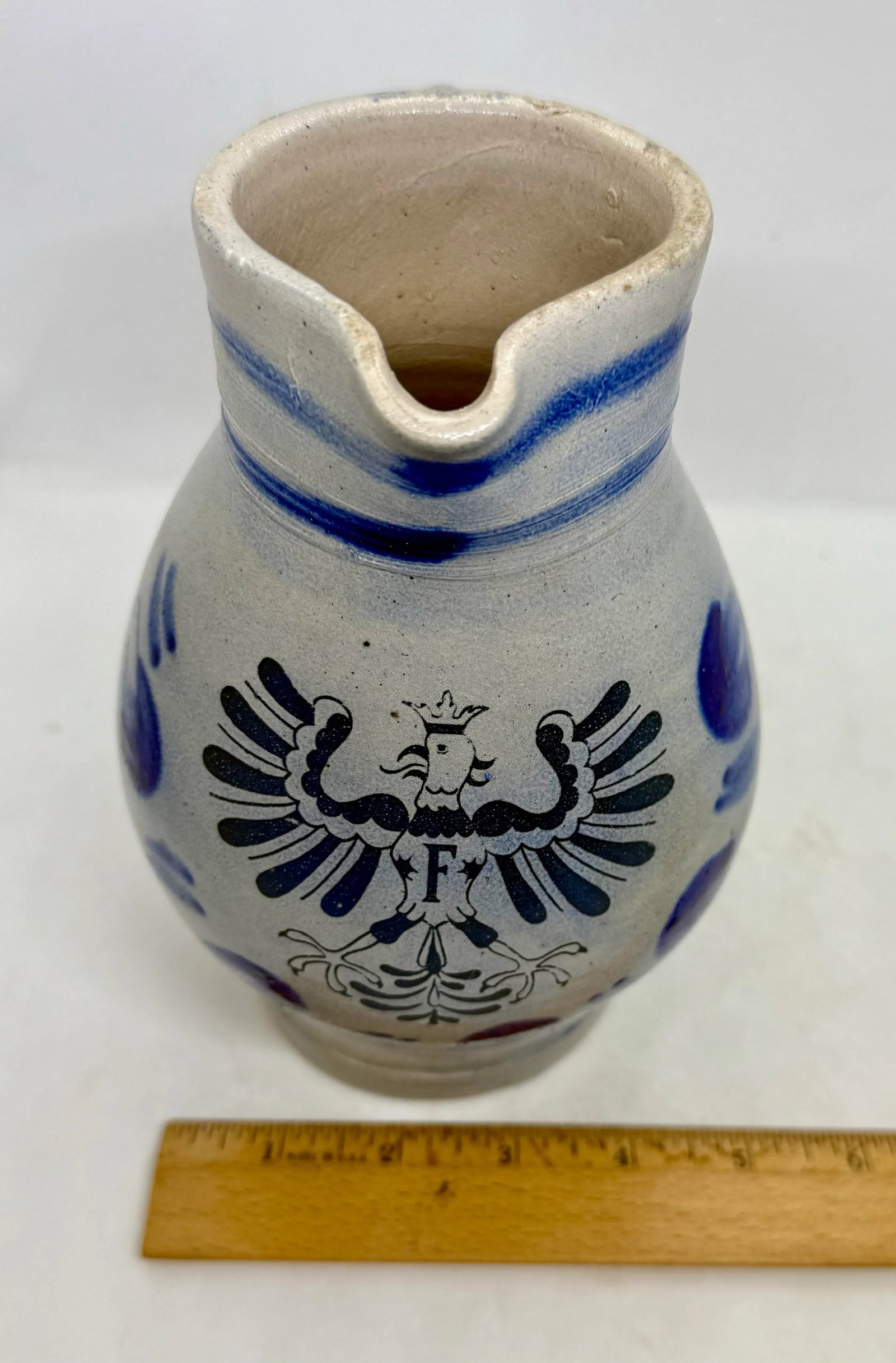 Mid 20th Century German Salt-Glazed Stoneware Pitcher With Blue Eagle Emblem - 11