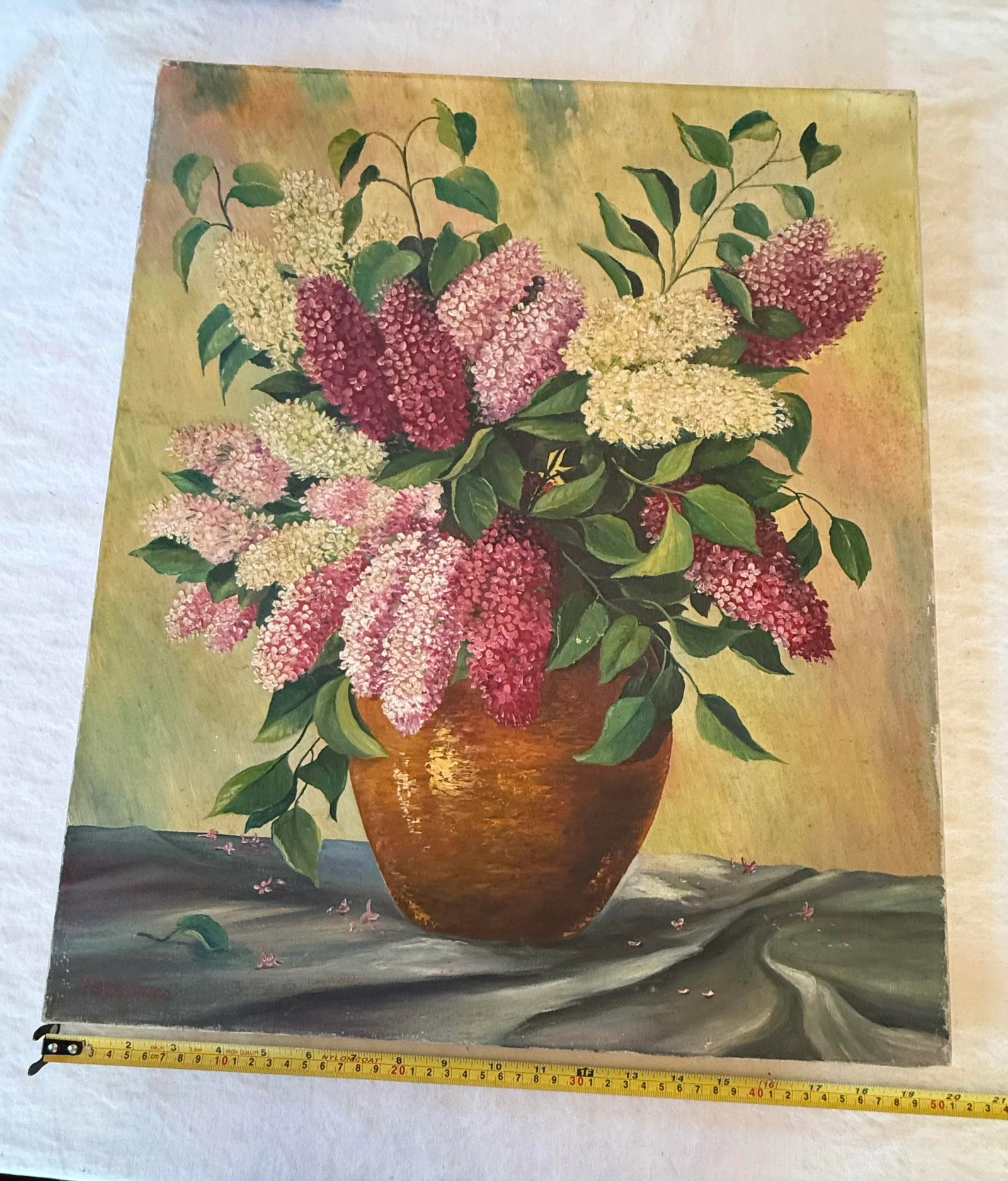 Mid 20th Century Oil on Canvas "Still Life of Lilacs in Vase" Signed Artist A. Werner Unframed - 10