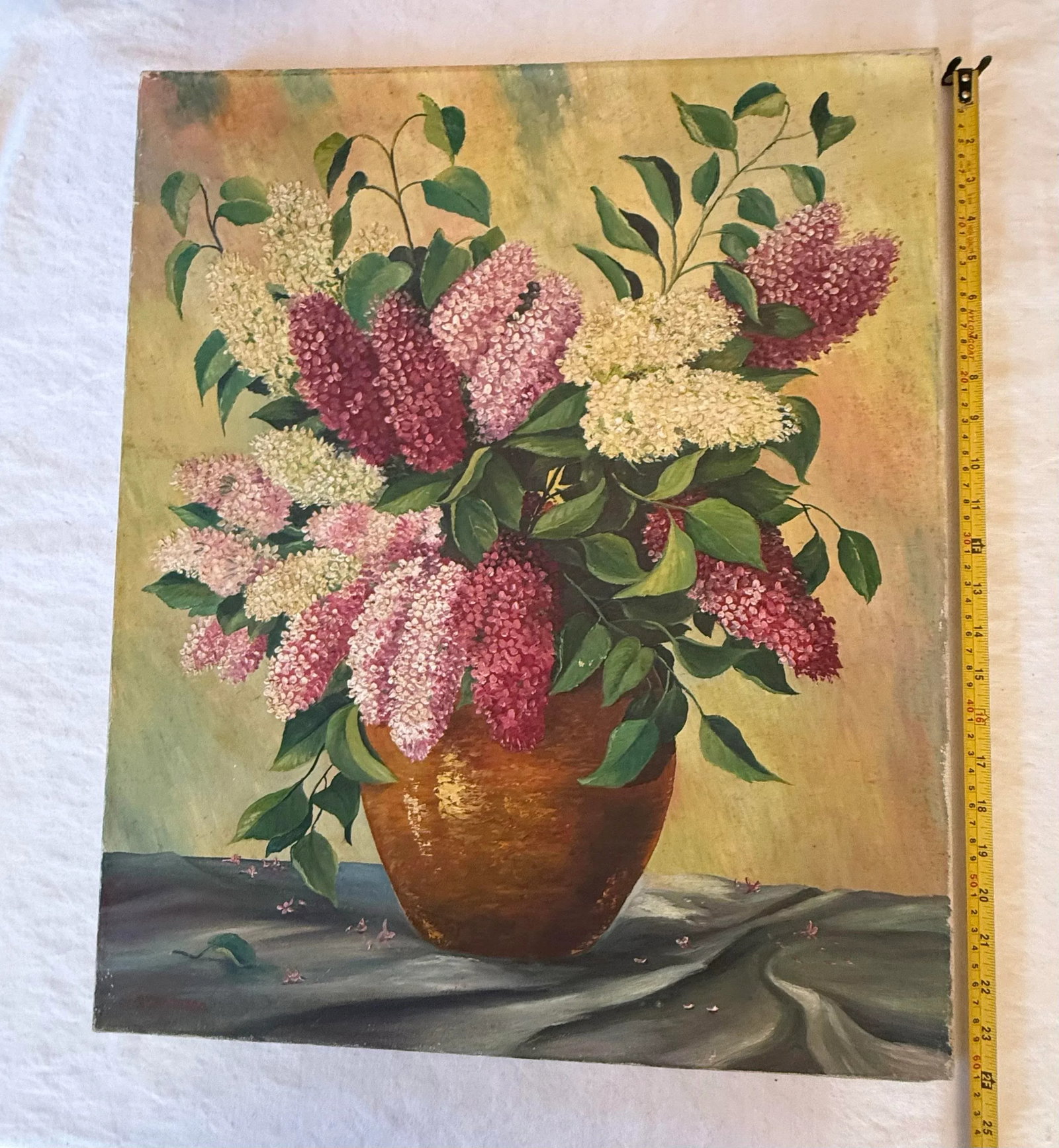 Mid 20th Century Oil on Canvas "Still Life of Lilacs in Vase" Signed Artist A. Werner Unframed - 11