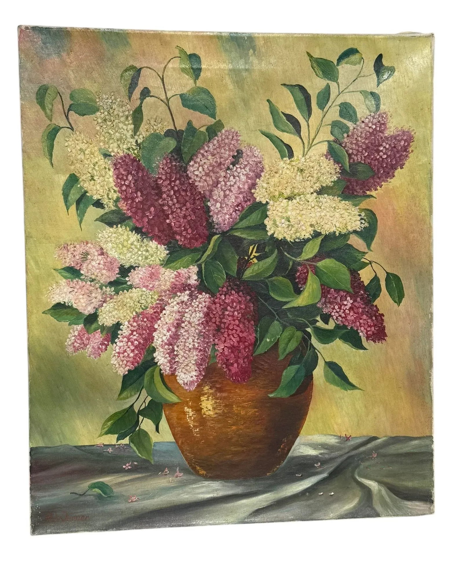 Mid 20th Century Oil on Canvas "Still Life of Lilacs in Vase" Signed Artist A. Werner Unframed - 12