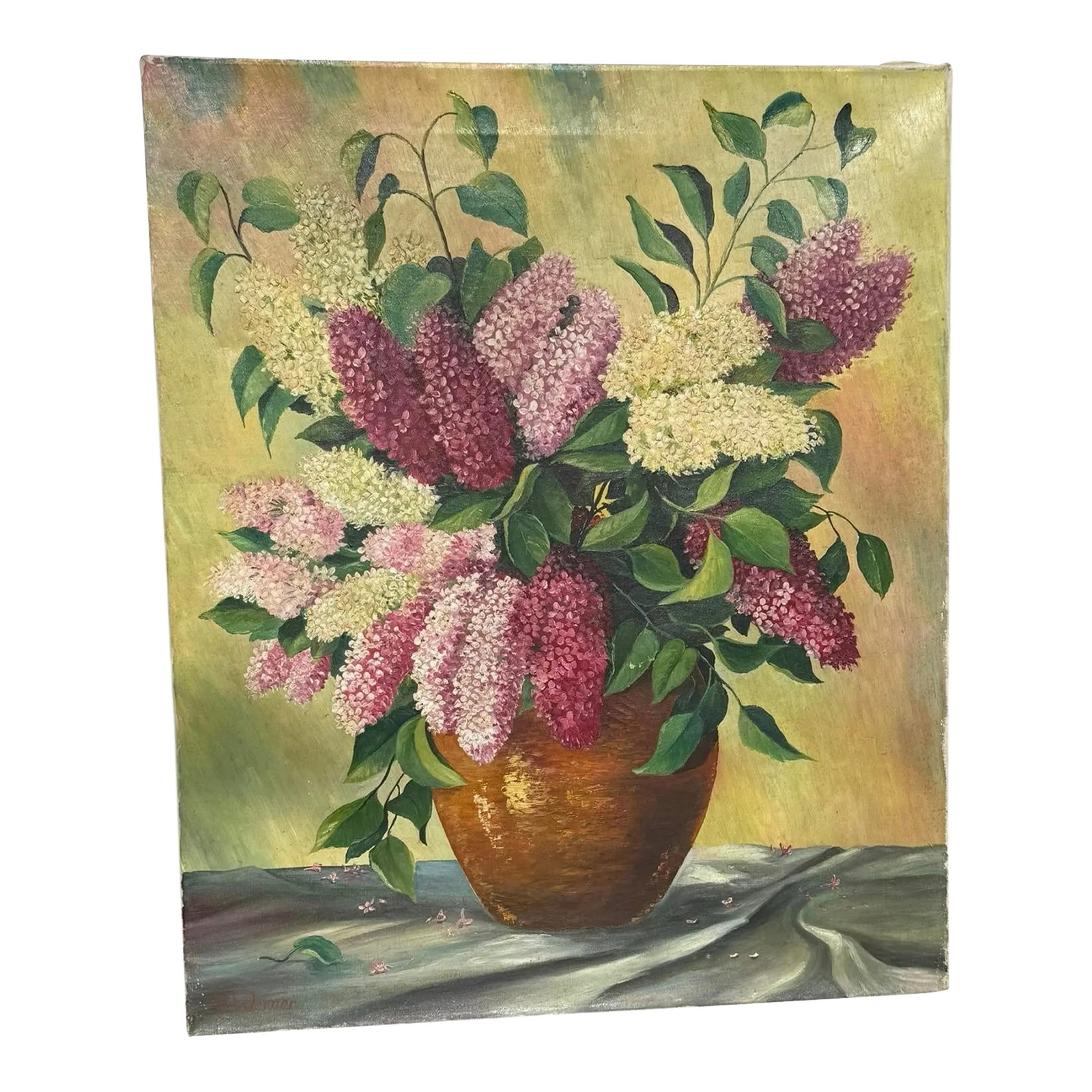 Mid 20th Century Oil on Canvas "Still Life of Lilacs in Vase" Signed Artist A. Werner Unframed: Mid 20th Century Oil on Canvas "Still Life of Lilacs in Vase" Signed Artist A. Werner Unframed. The painting features white and pink lilacs in a brown vase, set against a muted yellow and green