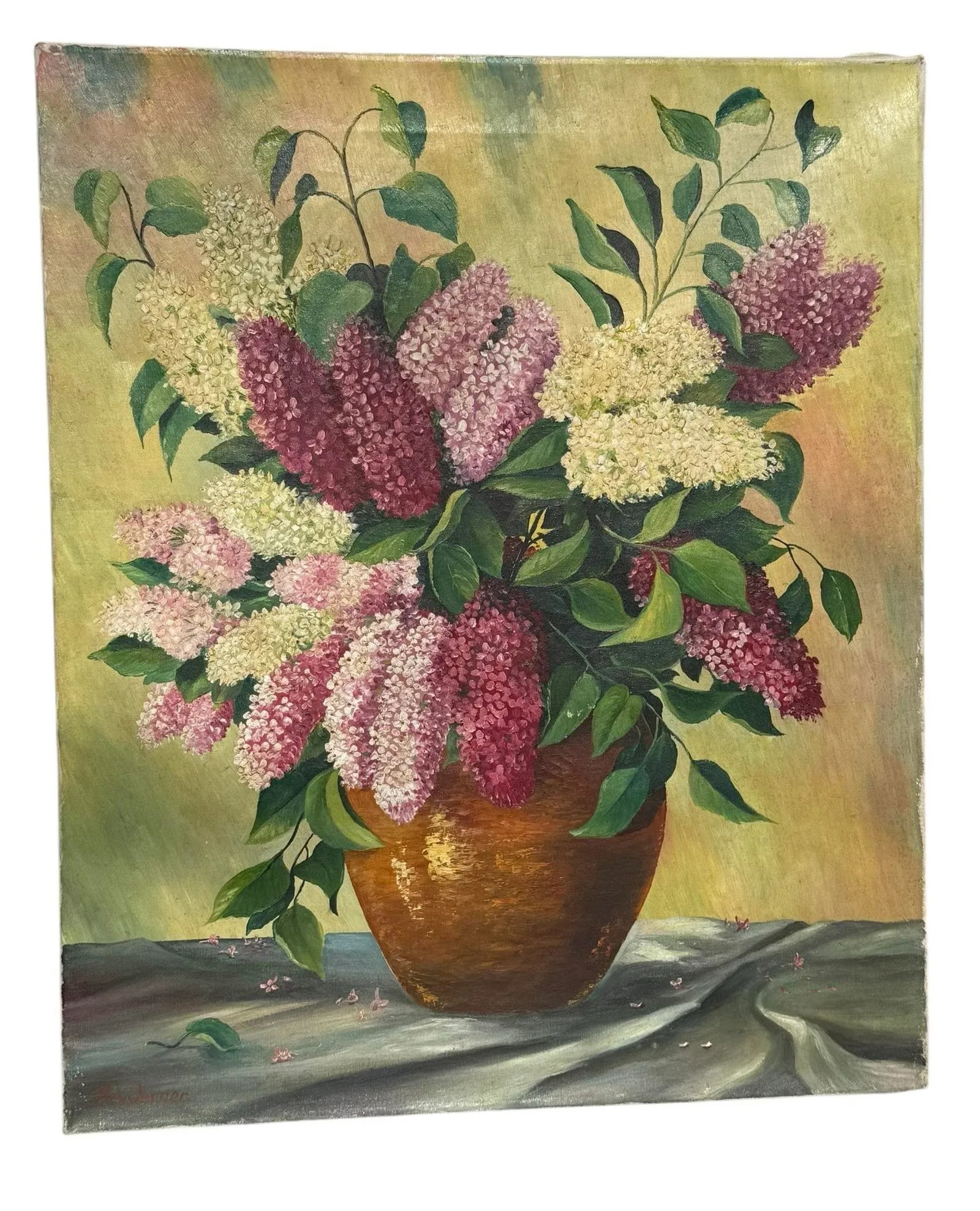 Mid 20th Century Oil on Canvas "Still Life of Lilacs in Vase" Signed Artist A. Werner Unframed - 2