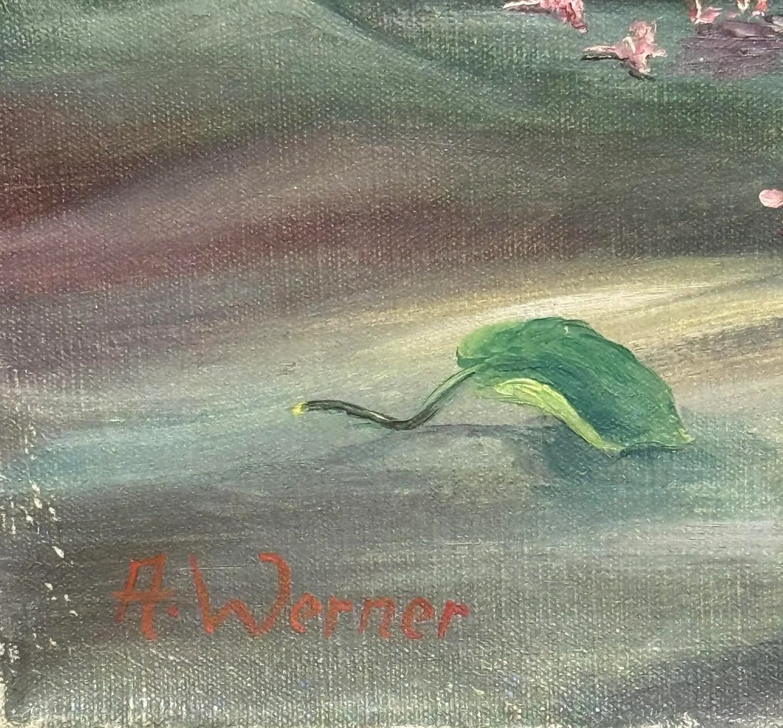 Mid 20th Century Oil on Canvas "Still Life of Lilacs in Vase" Signed Artist A. Werner Unframed - 5