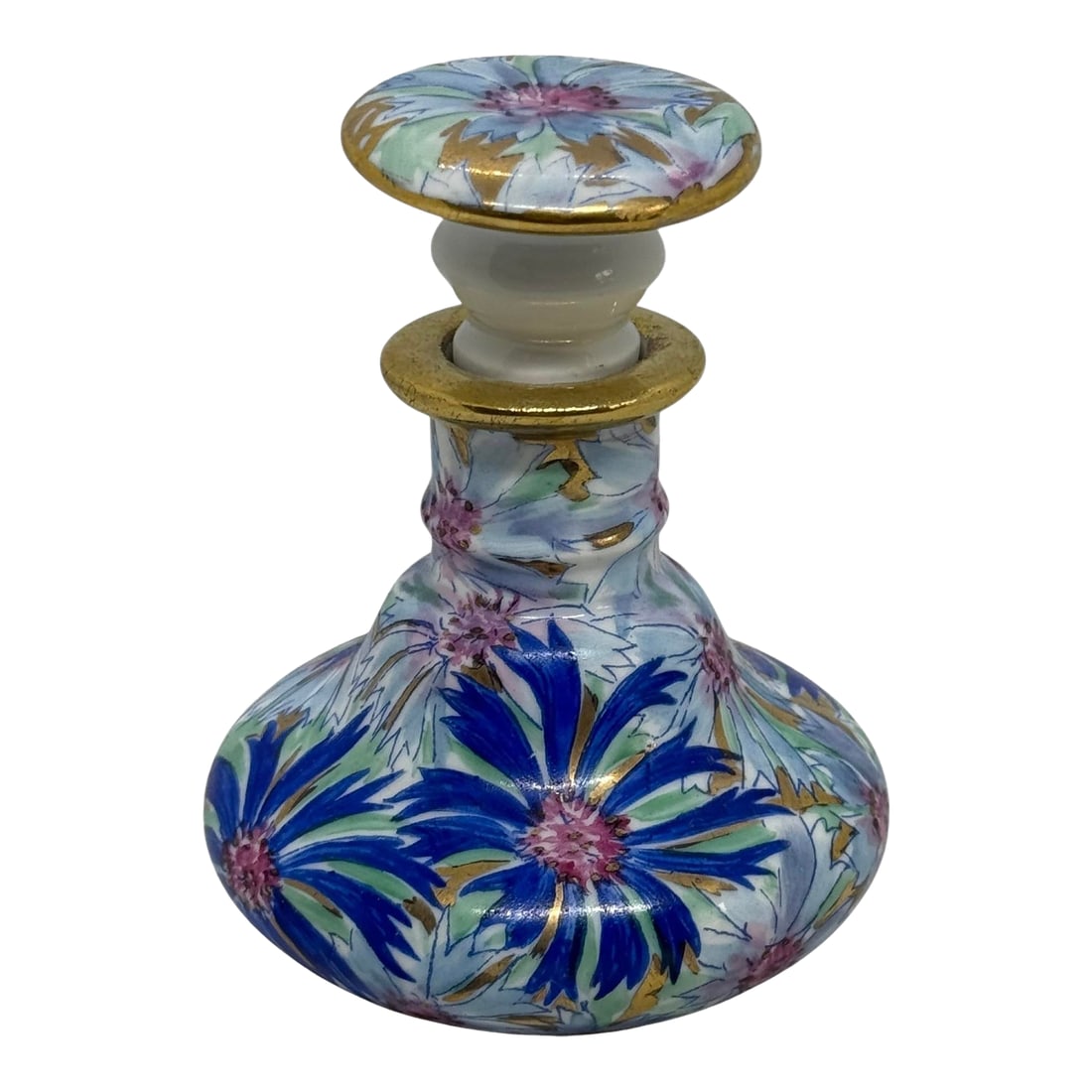 Mid 20th Century Limoges Porcelain Perfume Bottle With Stopper and Blue Pink Floral Design With Gold: Exquisite Limoges Porcelain Perfume Bottle With Stopper and Blue and Pink Floral Design with Gold Trim. Discover the beauty of this stunning Limoges porcelain perfume bottle, a true testament to fine