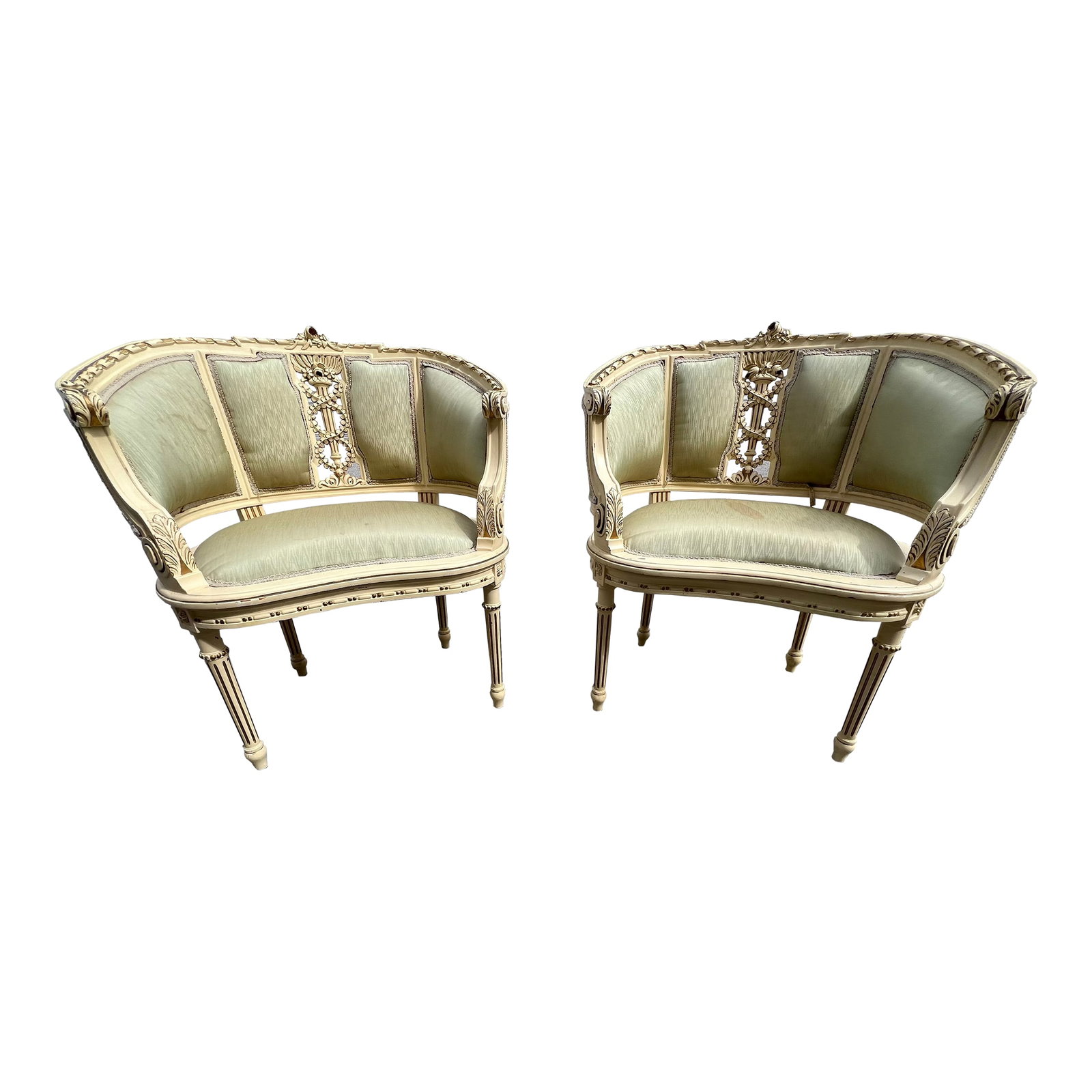 Late 18th Century Pair of Swedish Bergere Chairs in Louis XVI Style, Belle Epoque: Antique pair of Louis XVI style Swedish bergere chairs in old paint, a bergere chairs upholstered armchair of an 18th century style having an exposed wood frame. This particular pair of antique
