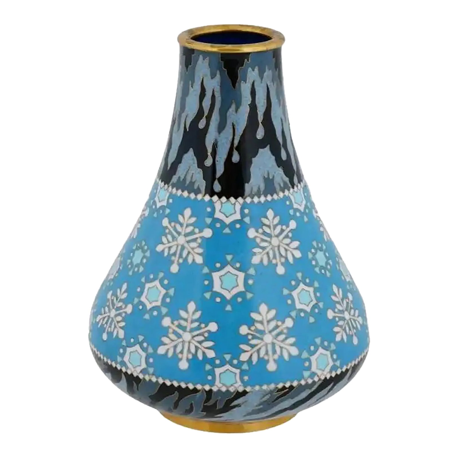 19th Century Chinese Cloisonne Enamel Brass Vase With Snowflakes: A Chinese brass vase, decorated with an enamel snowflake pattern in cloisonne technique. The vase has a classic, round body, widening towards the bottom, and tapers to a narrow neck. The body of the v