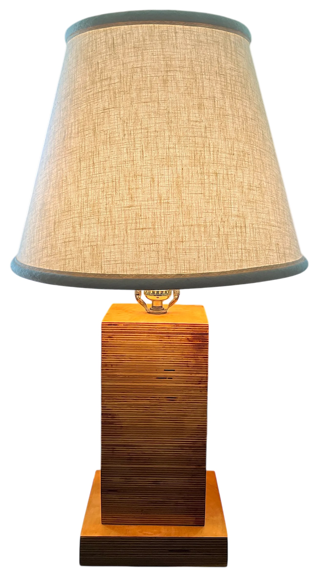 1970s Craftsman-Made Stacked and Laminated Plywood Table Lamp With Linen Shade - 2