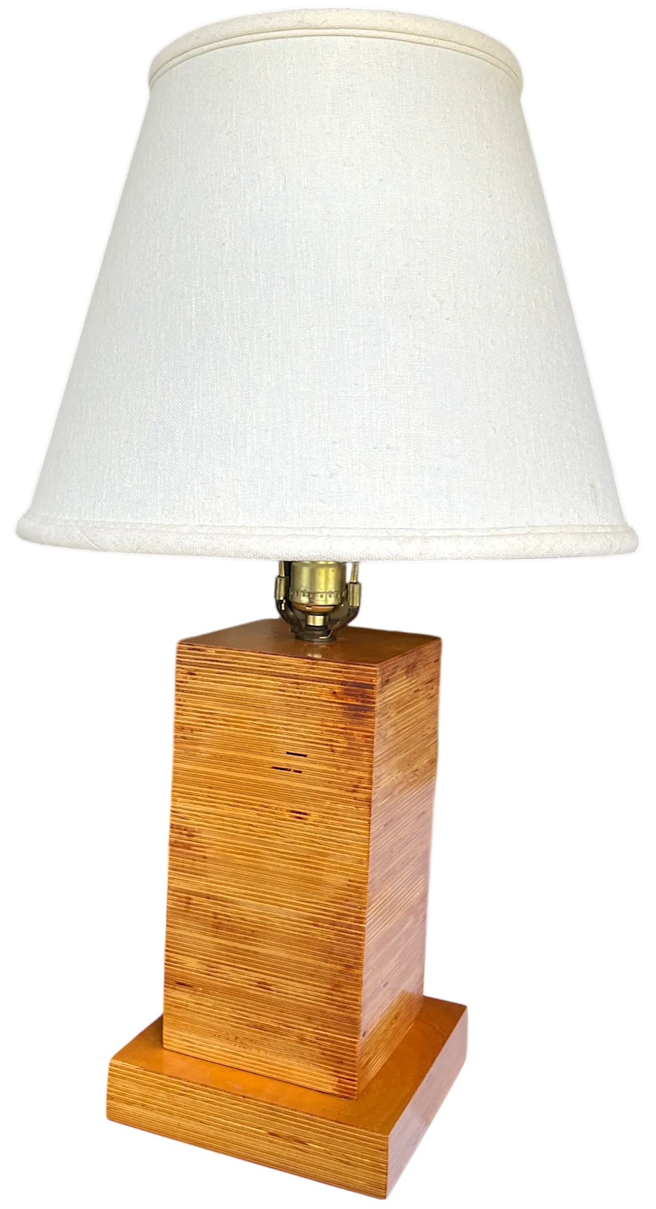1970s Craftsman-Made Stacked and Laminated Plywood Table Lamp With Linen Shade - 3