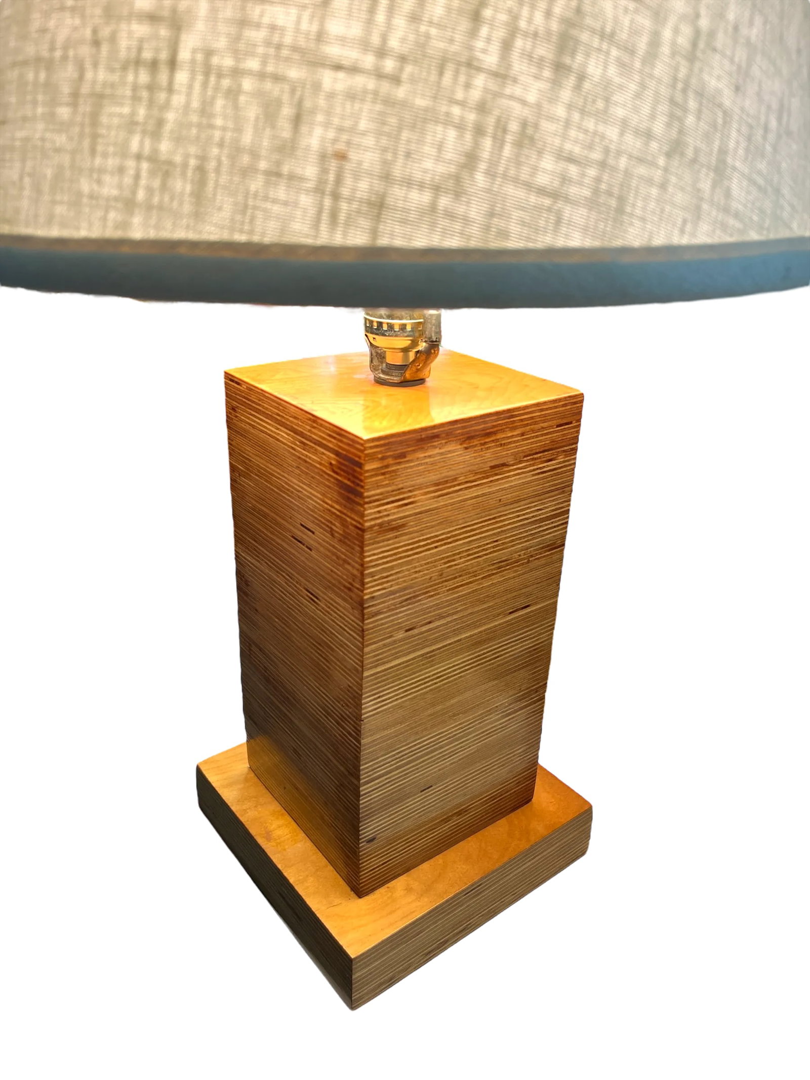 1970s Craftsman-Made Stacked and Laminated Plywood Table Lamp With Linen Shade - 6