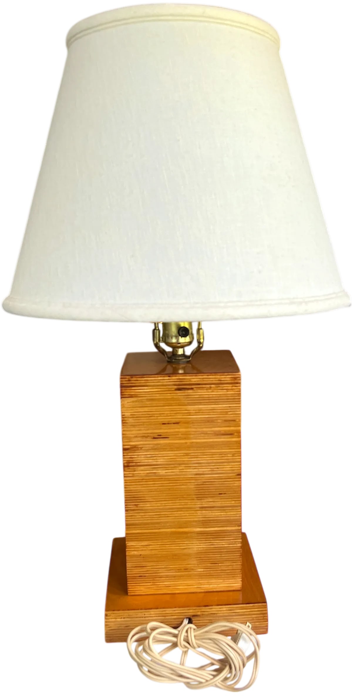 1970s Craftsman-Made Stacked and Laminated Plywood Table Lamp With Linen Shade - 7