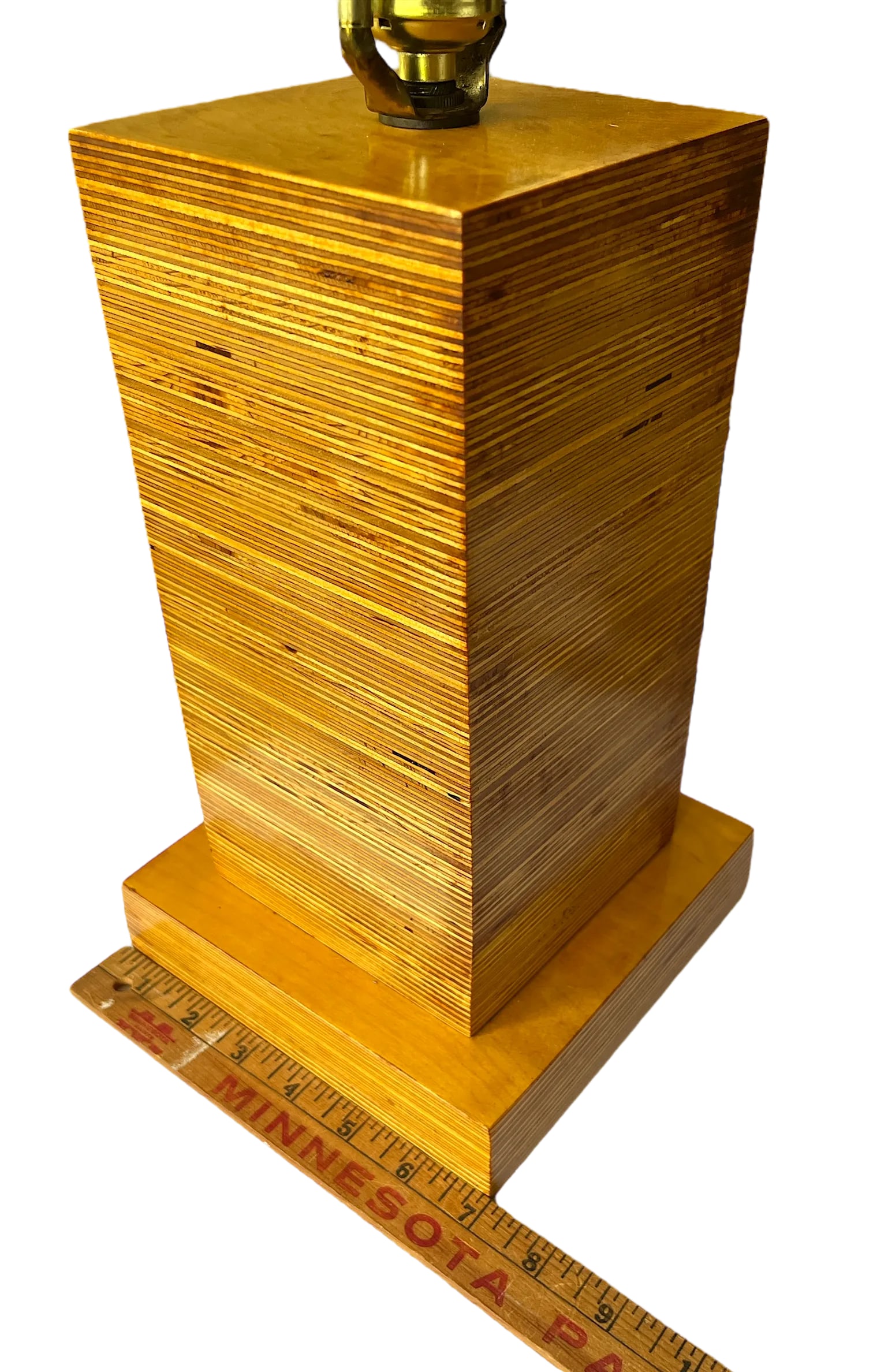 1970s Craftsman-Made Stacked and Laminated Plywood Table Lamp With Linen Shade - 9