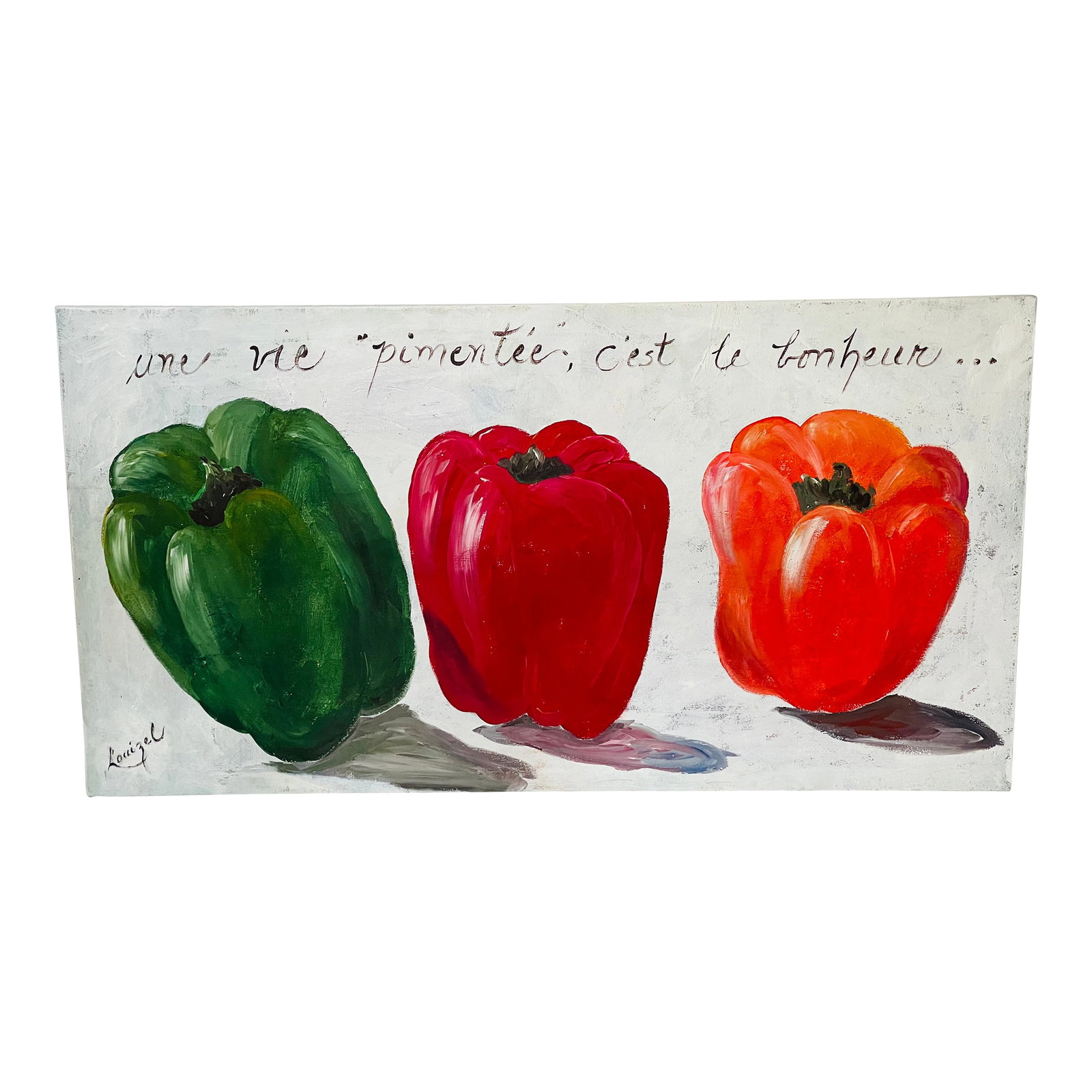 Original Canvas Painting " Spicy Life Delicious" Restaurant Sign: Original large art painting acrylic on canvas, inscribed in French " Spicy Life Delicious" and signed lower left by the artist. Condition: Alterations: Original Condition Unaltered Imperfections: