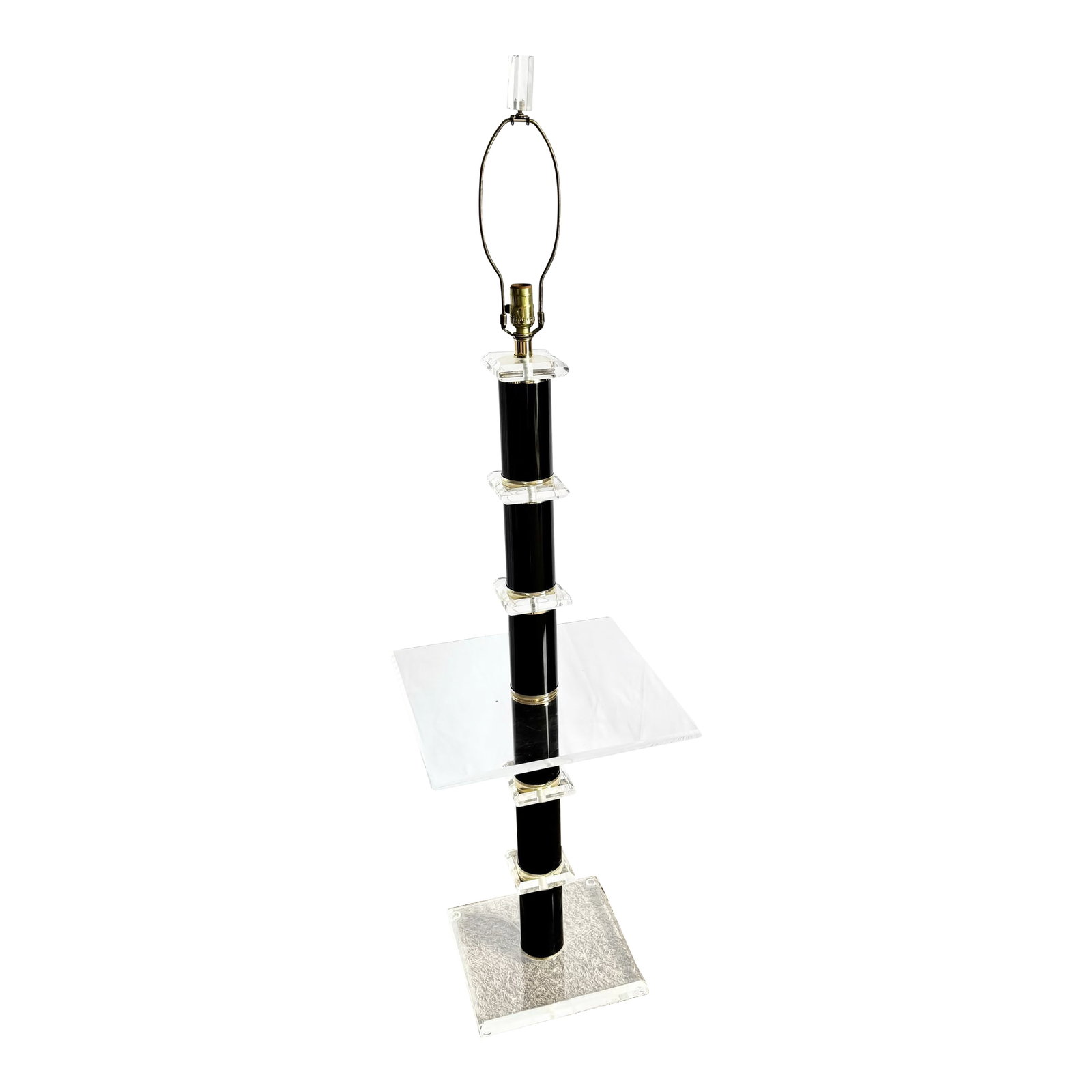Mid Century Modern Black and Lucite Floor Lamp/Side Table: A striking fusion of form and function, this Mid Century Modern floor lamp doubles as a chic Lucite side table. Glossy black column segments are punctuated by clear acrylic spacers, creating a bold ar
