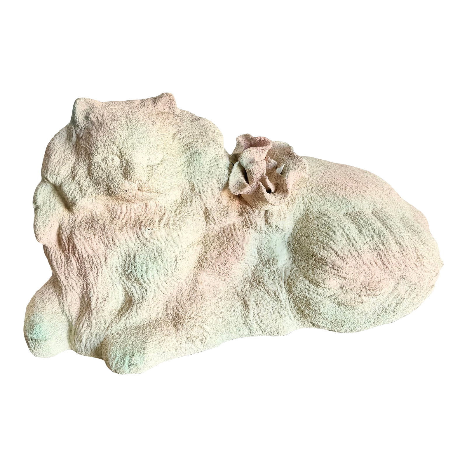 Vintage Pink White and Green Ceramic Cat Sculpture: Softly whimsical and quietly charming, this vintage ceramic cat sculpture features a pastel blend of pink, white, and mint green tones with a velvety matte texture. A delicate ceramic flower rests upo