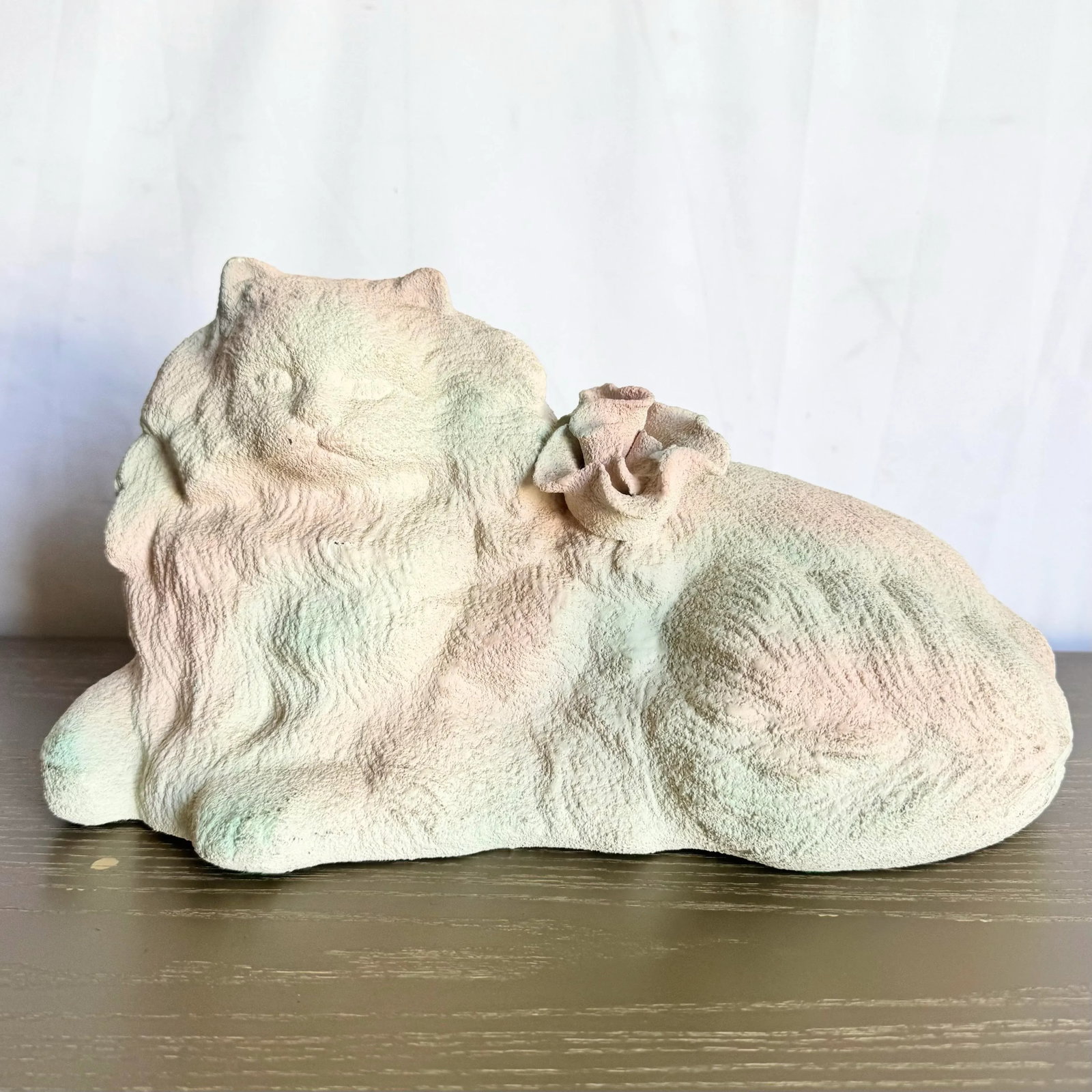 Vintage Pink White and Green Ceramic Cat Sculpture - 2