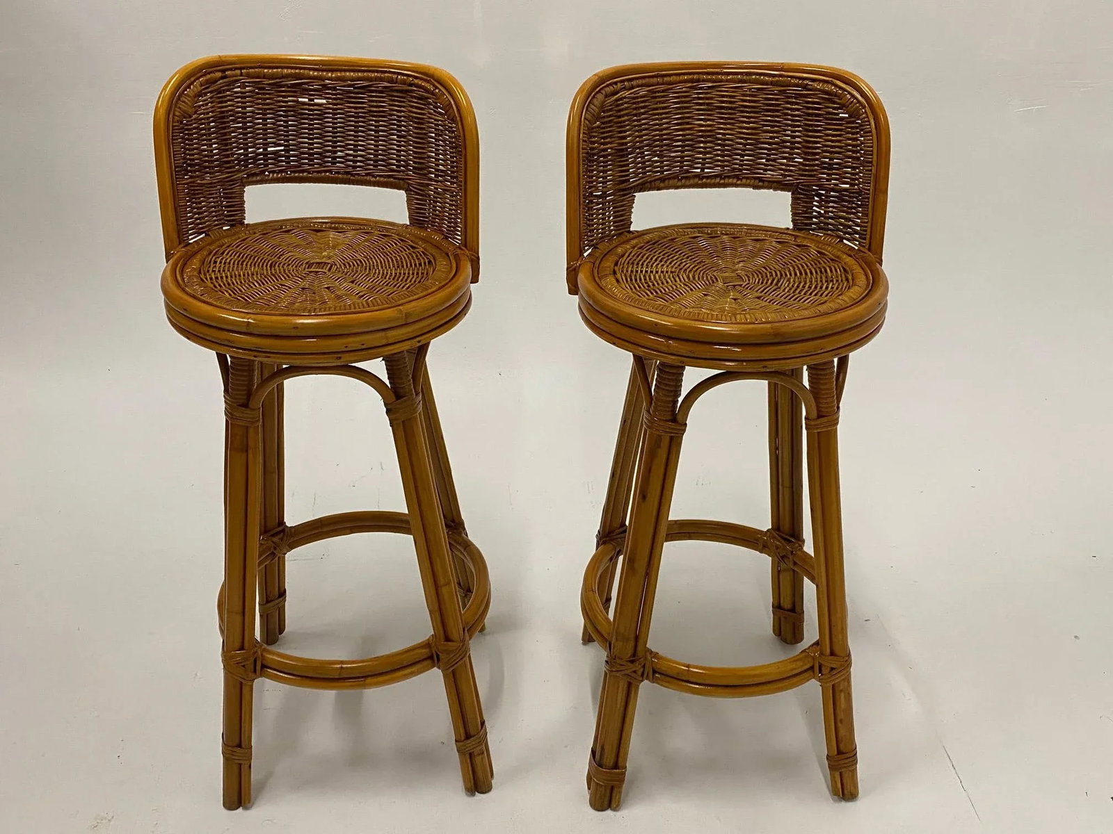 Mid Century Modern Woven Rattan Barstools - a Pair - 10