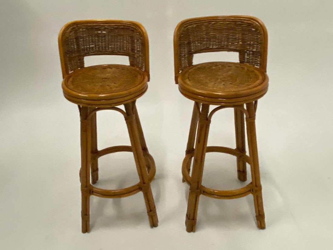Mid Century Modern Woven Rattan Barstools - a Pair - 13