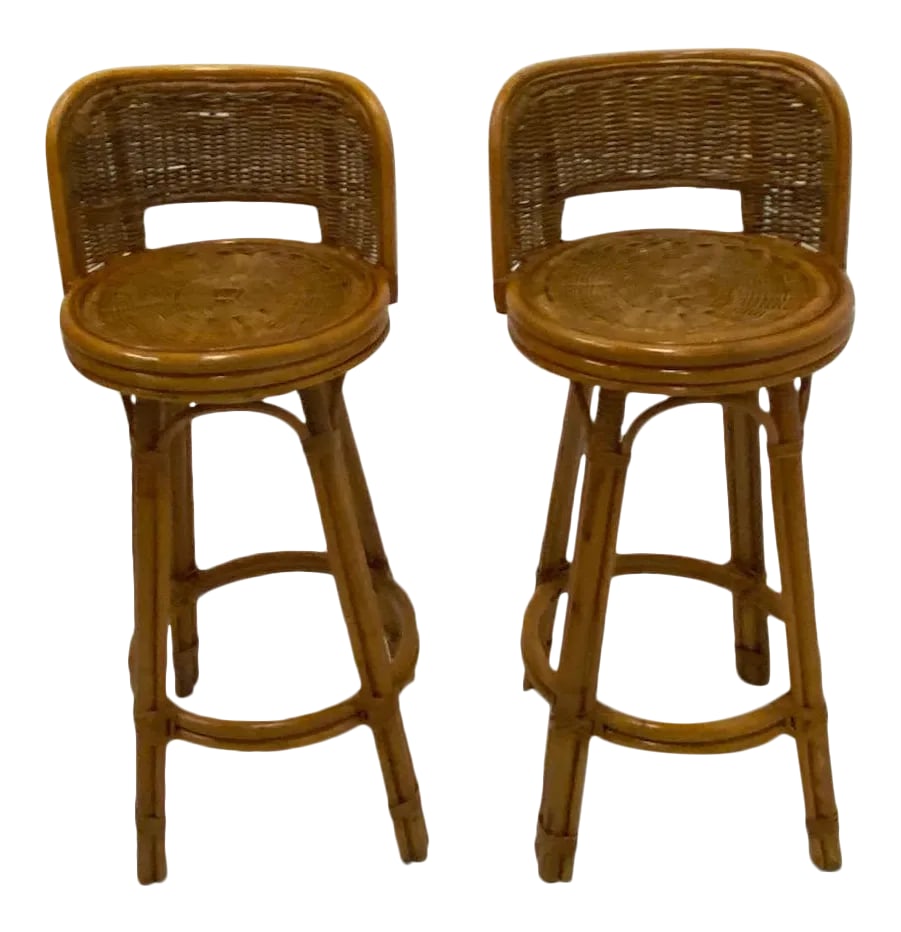 Mid Century Modern Woven Rattan Barstools - a Pair: A cool woven rattan pair of mid century modern barstools having comfy curved backs and ring shaped foot rests. Condition: Alterations: Original Condition Unaltered Imperfections: Some Imperfections Co