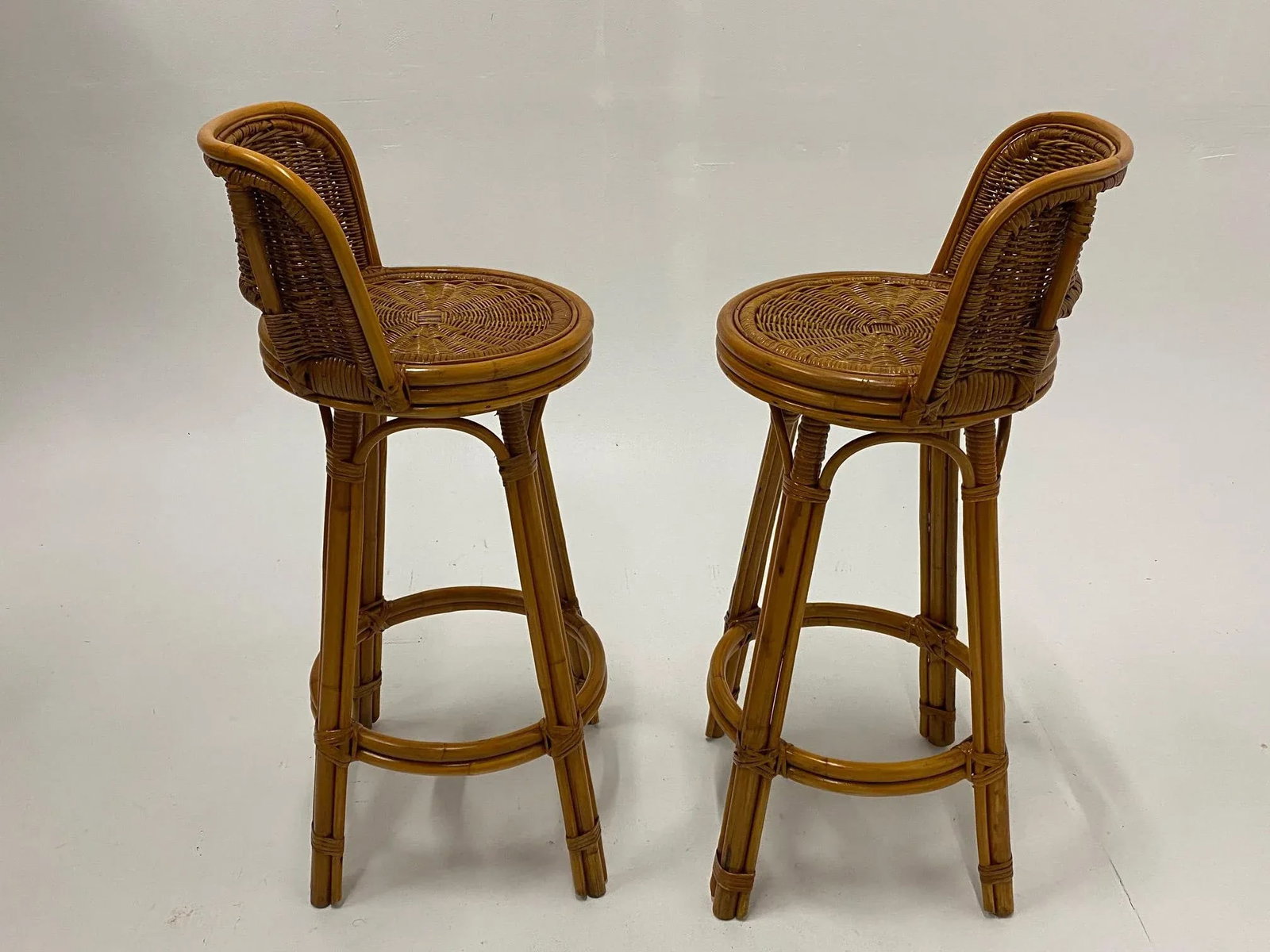 Mid Century Modern Woven Rattan Barstools - a Pair - 2