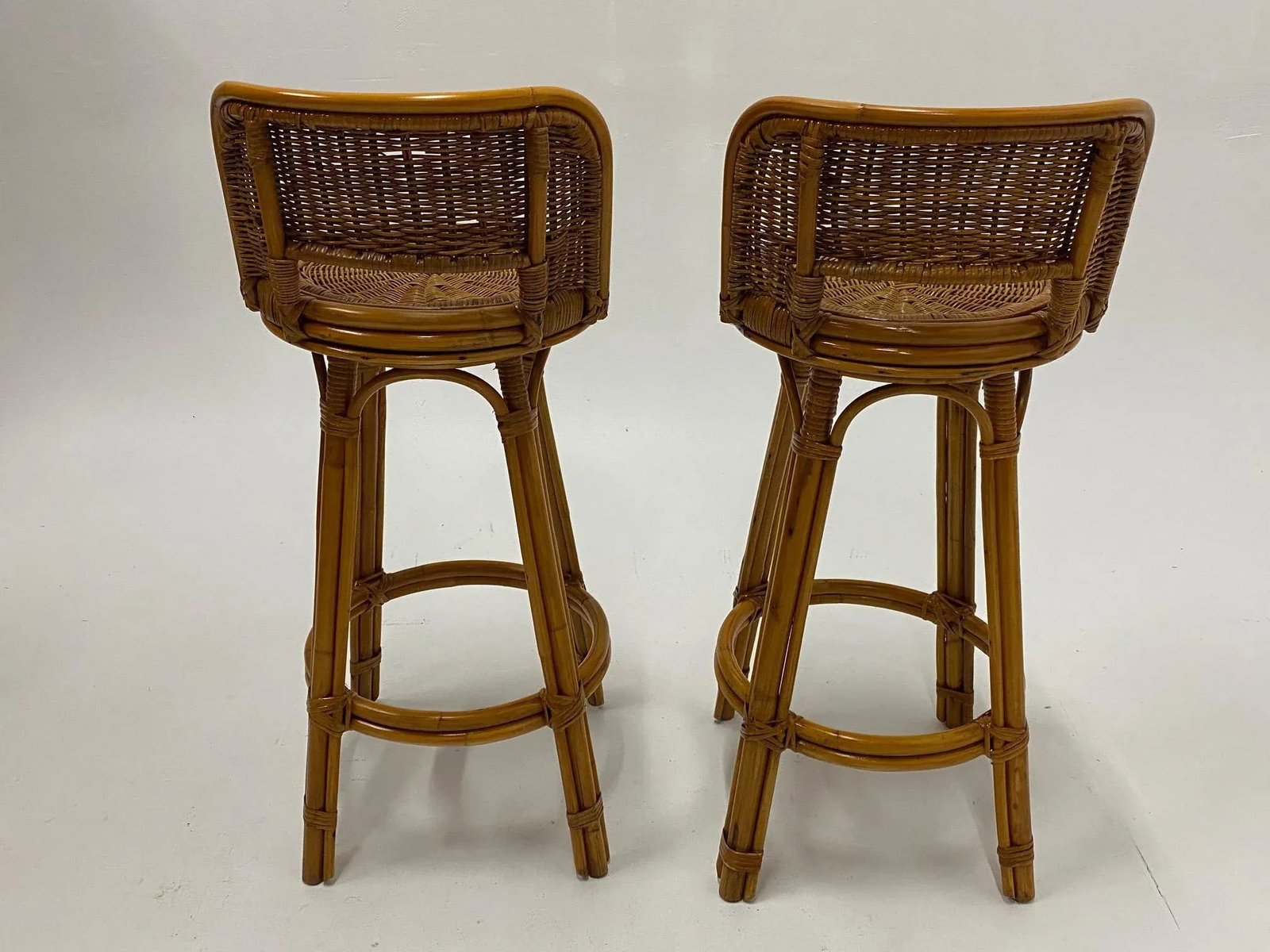Mid Century Modern Woven Rattan Barstools - a Pair - 4