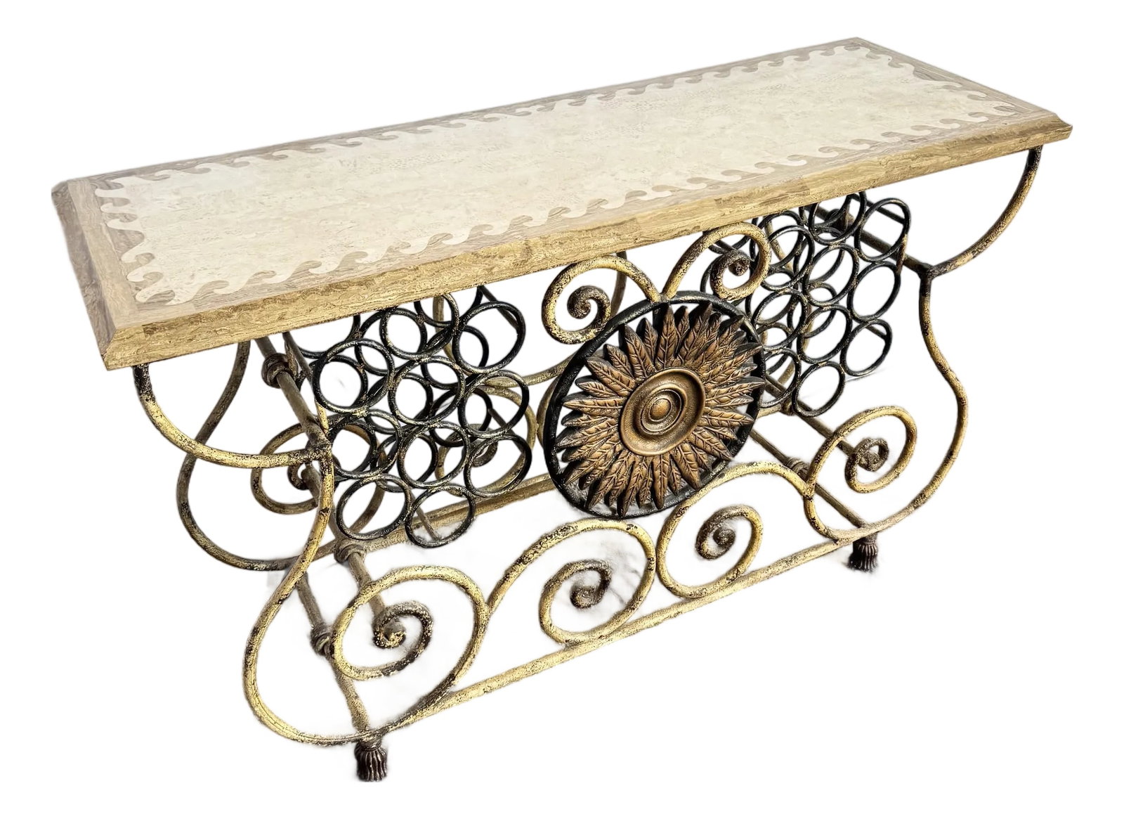 Vintage Wrought Iron Console Table With Tessellated Stone Top and Wine Rack (1 of 12)