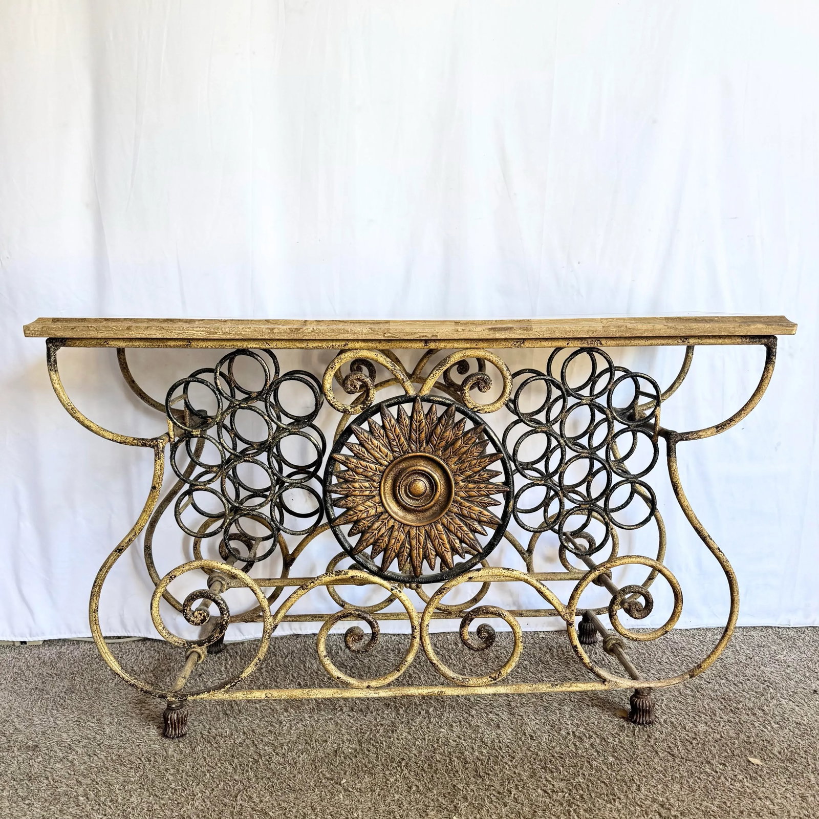 Vintage Wrought Iron Console Table With Tessellated Stone Top and Wine Rack - 2