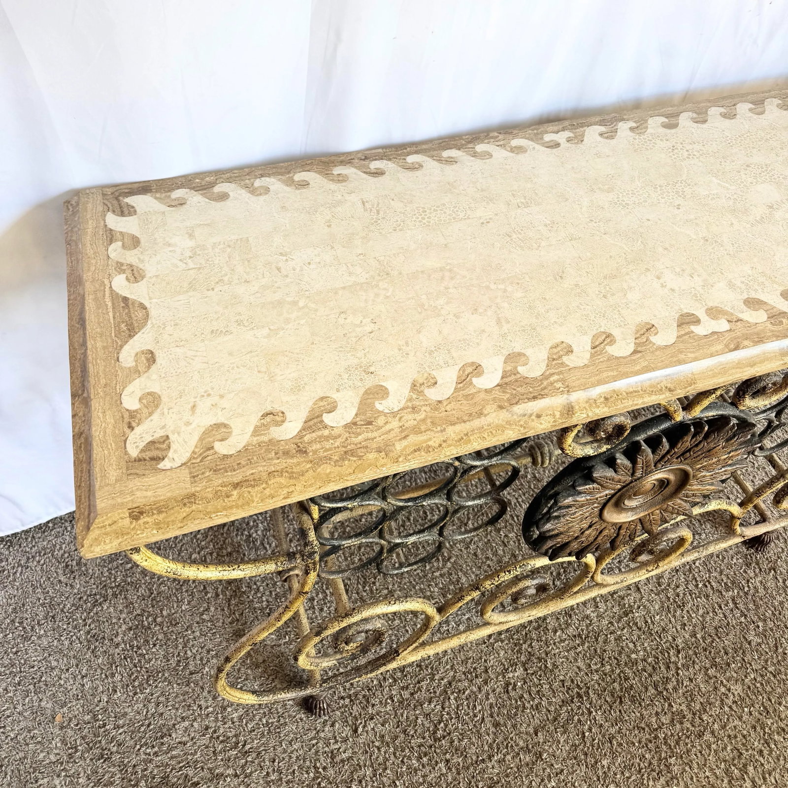 Vintage Wrought Iron Console Table With Tessellated Stone Top and Wine Rack - 3