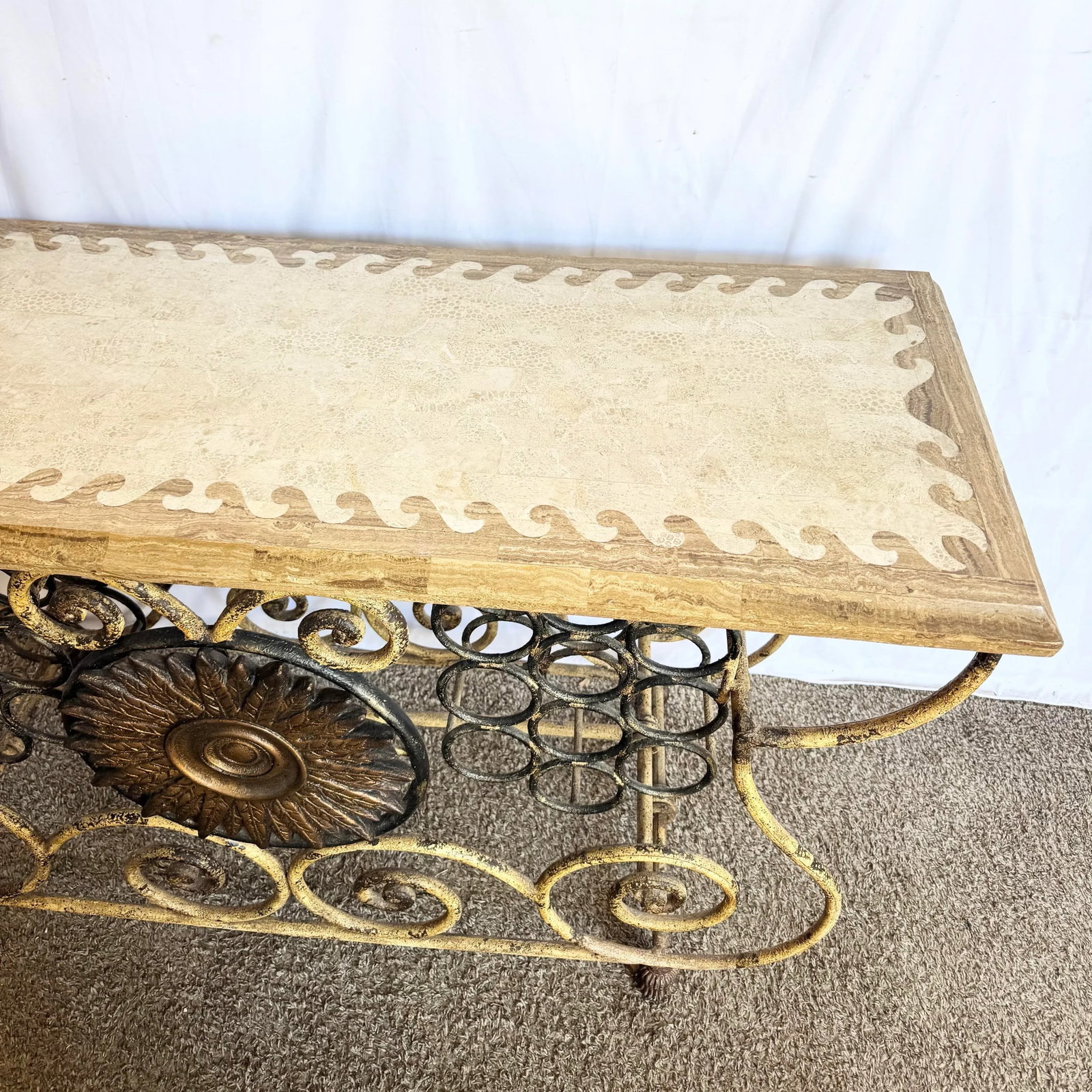 Vintage Wrought Iron Console Table With Tessellated Stone Top and Wine Rack - 4