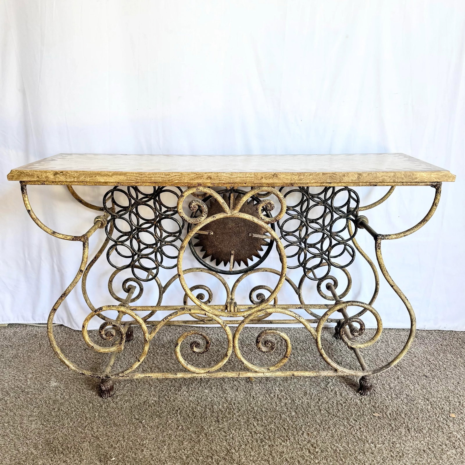 Vintage Wrought Iron Console Table With Tessellated Stone Top and Wine Rack - 7