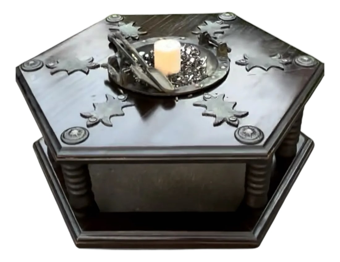 Moroccan Moorish Hexagonal Brazier Coffee Table With Brass Inlay & Tool Set: Striking Moroccan Moorish hexagonal brazier coffee table featuring intricate brass metal inlay and a complete set of traditional brazier tools - a dramatic statement piece with both decorative and