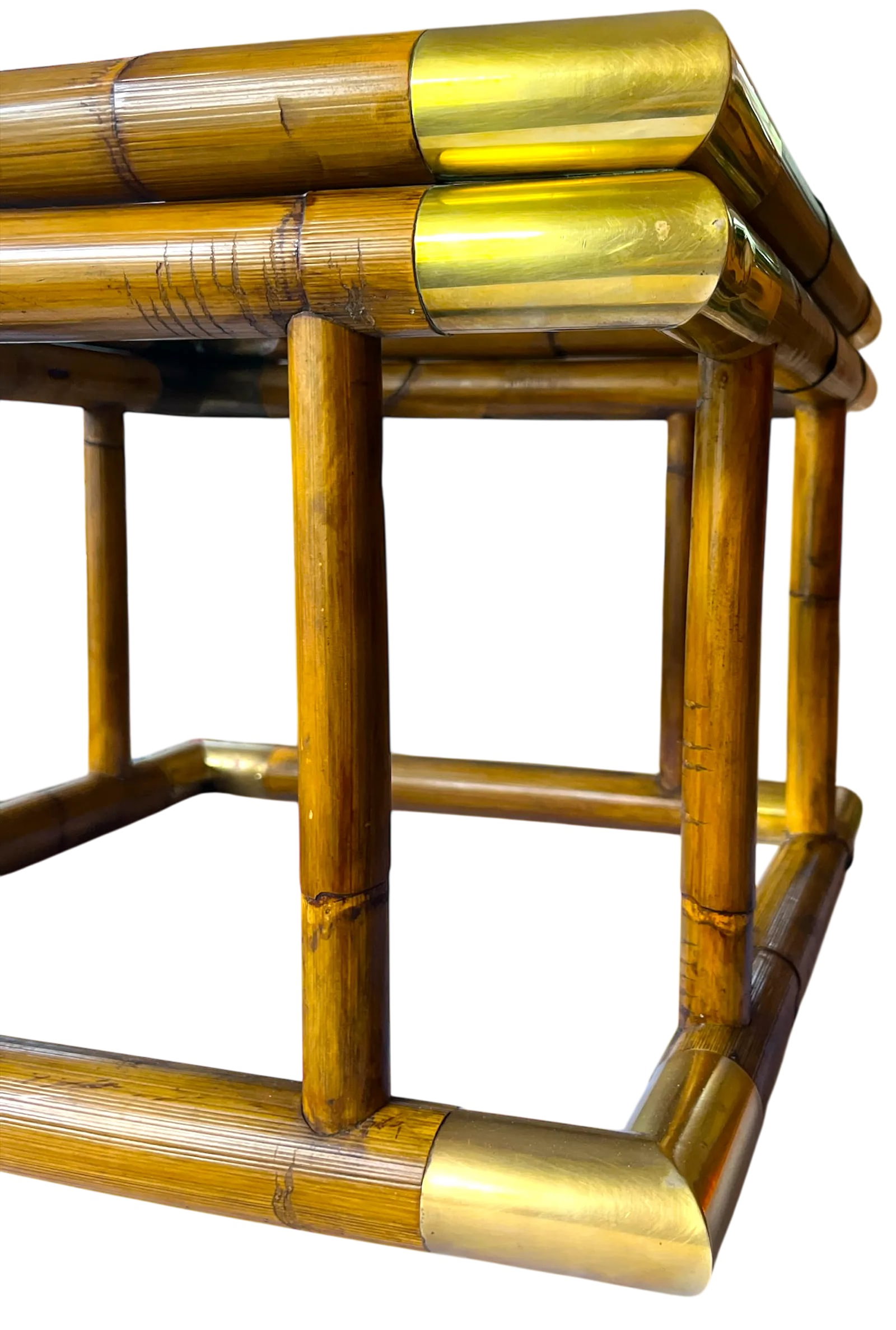 1970s Bamboo & Brass Square Side Table With Glass Top - 4
