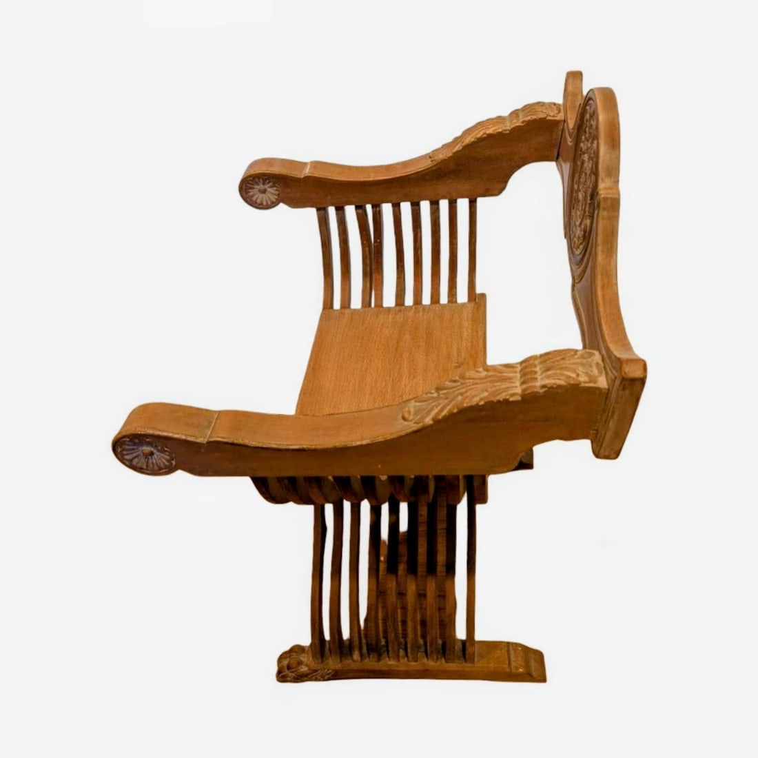 Mid 20th Century Carved Wood Savonarola Chair With Asian Crest on Backrest - 3