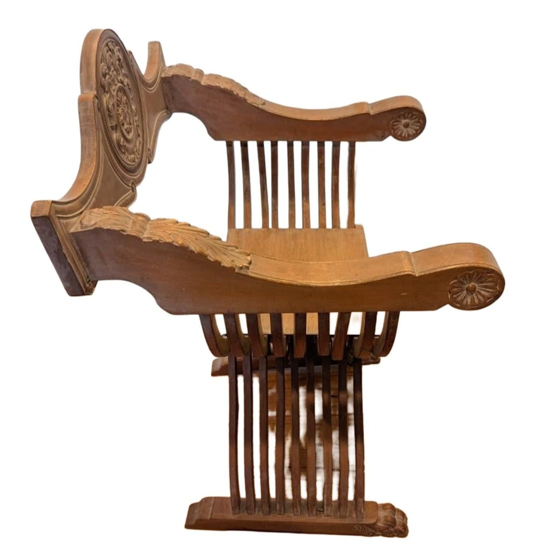 Mid 20th Century Carved Wood Savonarola Chair With Asian Crest on Backrest - 4