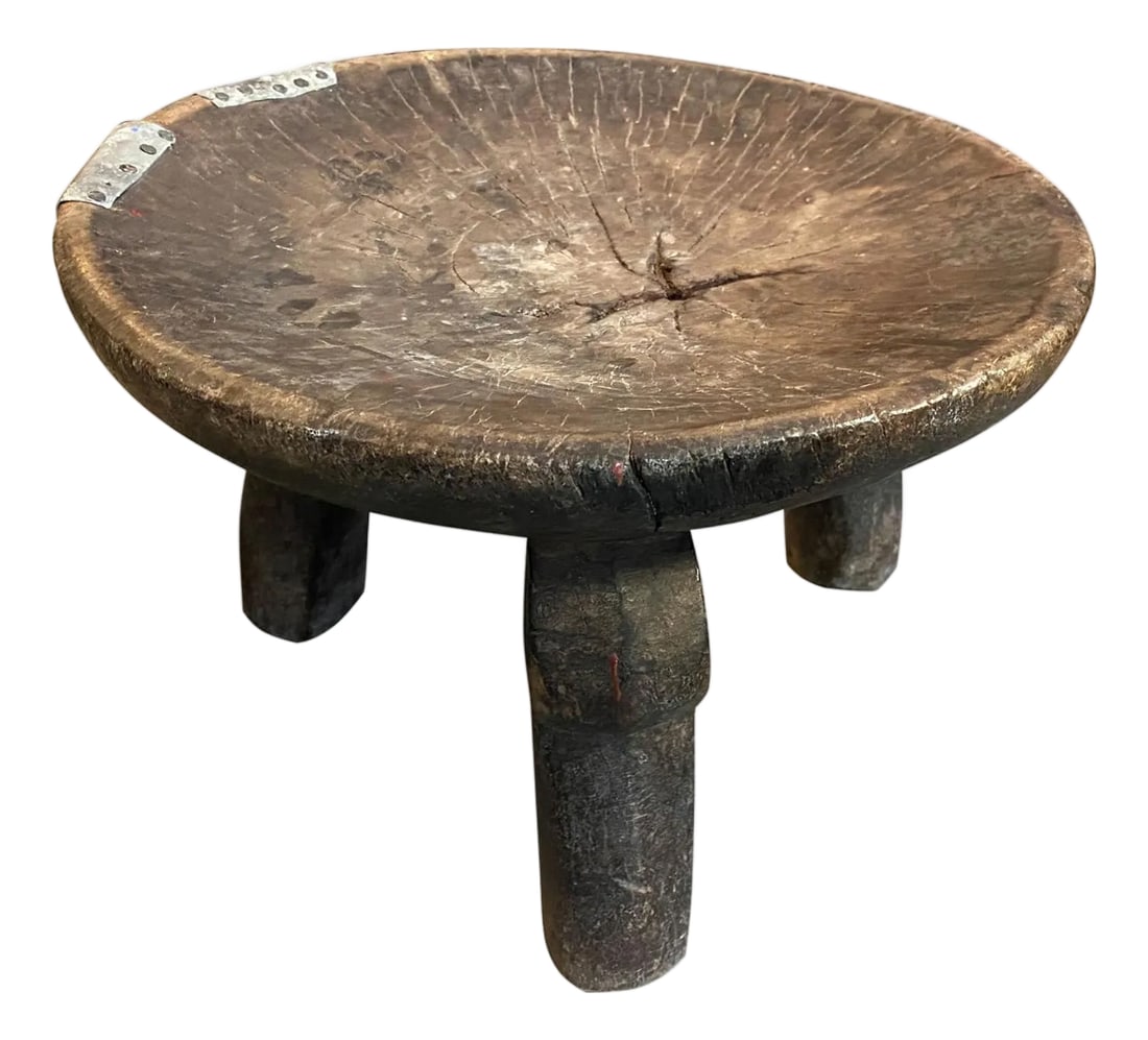 Antique African Stool, Side Table or Bowl: Beautiful hand carved African teak stool, side table or bowl with lovely patina and added tin overlay. The entire piece is hand carved out of a single block of wood. This stool or bowl was sourced in