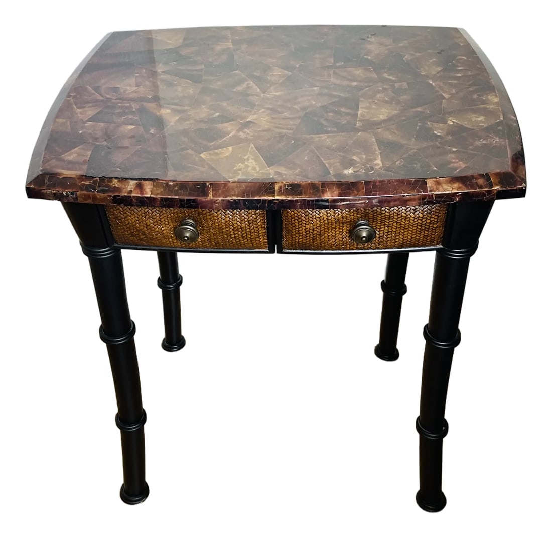 Vintage Maitland Smith Tasselated Horn Table With Drawers: Fabulous Maitland Smith style vintage side table with two drawers and grasscloth finish, tasselated top with horn. Condition: Alterations: Original Condition Unaltered Imperfections: Some