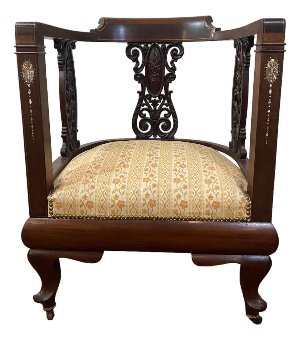 Chinese Mother of Pearl and Brass Inlay 19th Century Chair: Chinese 19th century mother of pearl inlay chair! This is absolutely stunning! small brass inlay missing at chair back, see pics. The upholstery is in excellent condition. It is missing two brass