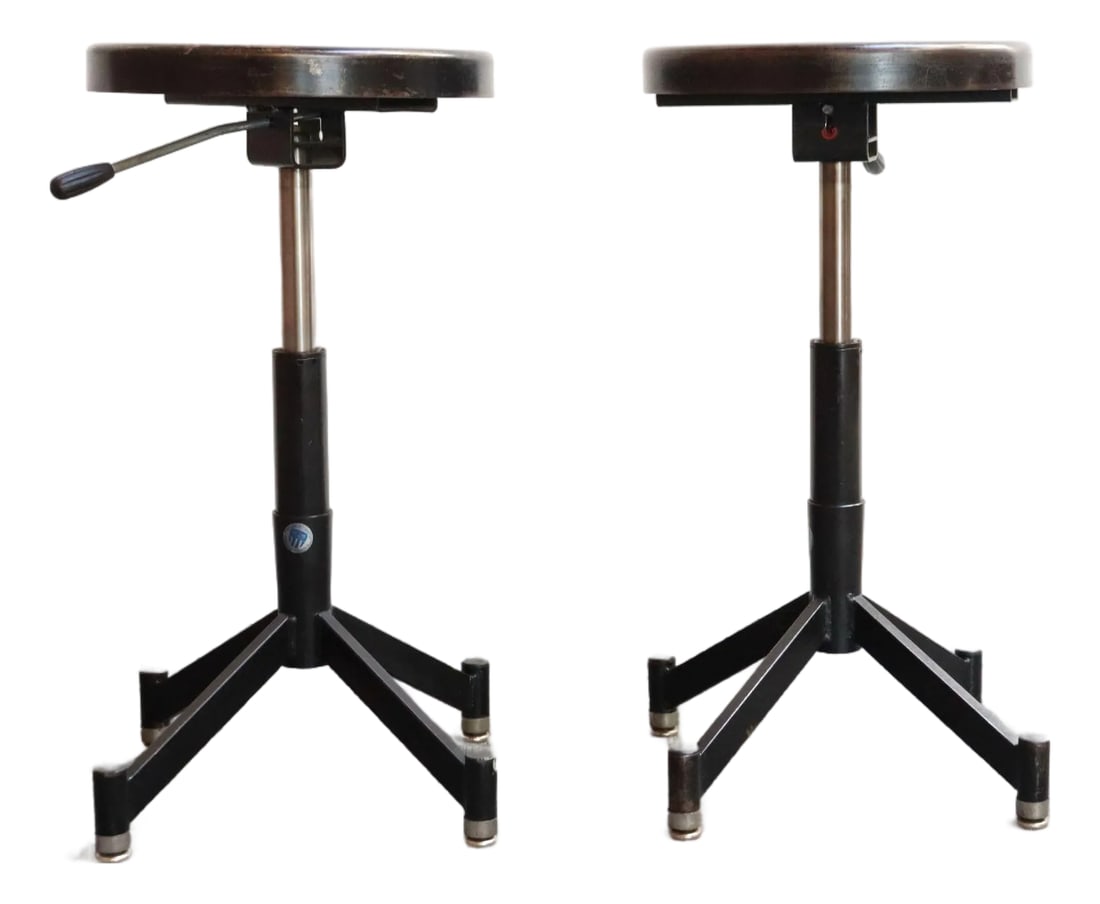 Pair of Vintage Adjustable Pose or Task Stools With Swivel Seats by Photogenic: Pair of Industrial-style pneumatic posing or task stools by Photogenic Machine Company (ca. 1940s/50s, USA). The Photogenic Machine Company of Youngstown Ohio has been producing photographic lighting 