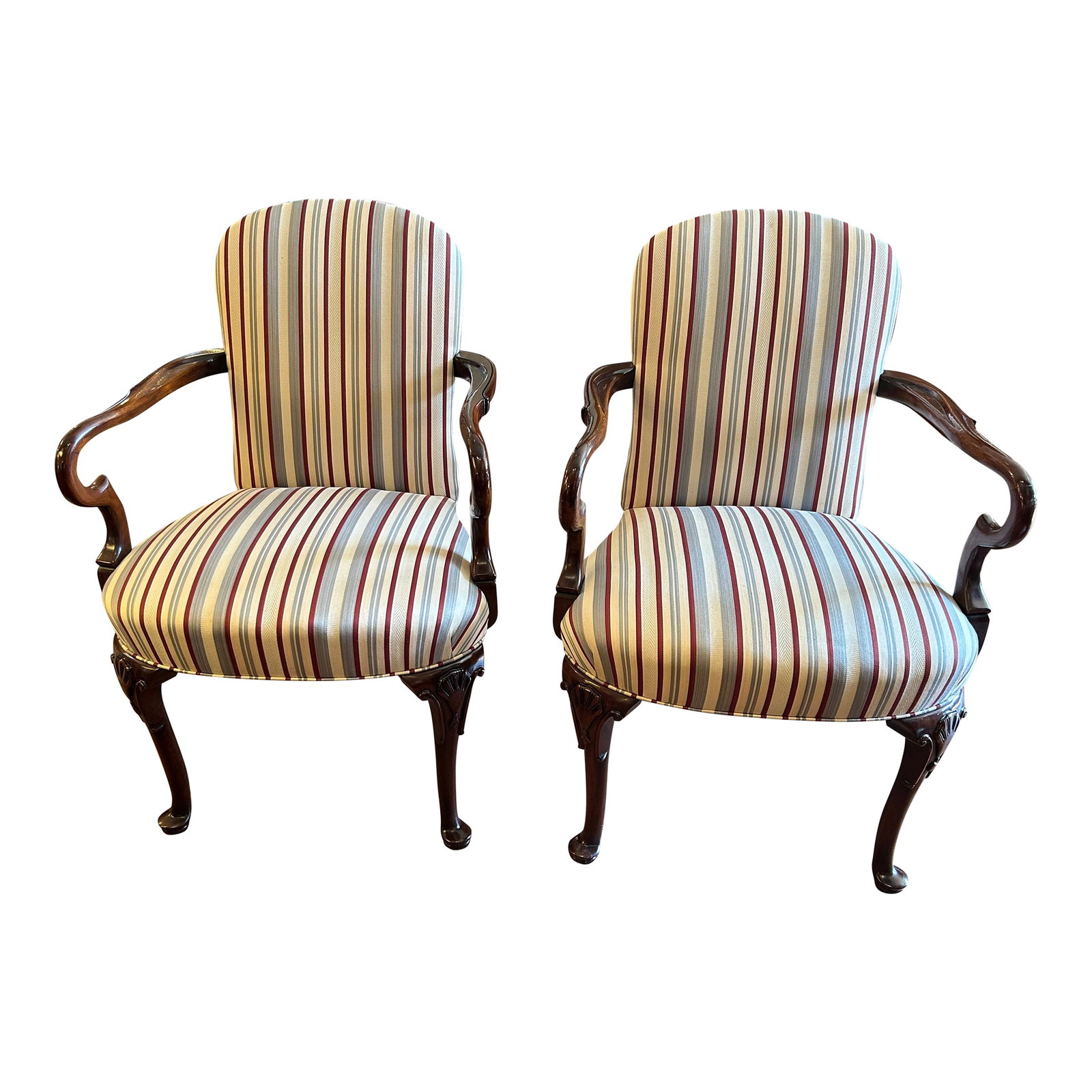 Mahogany & Upholstered Arm Chairs -a Pair: Handsome pair of traditional arm chairs having mahogany arms and legs and classic striped upholstery. Arms 27" h TS Condition: Alterations: Original Condition Unaltered Imperfections: Some