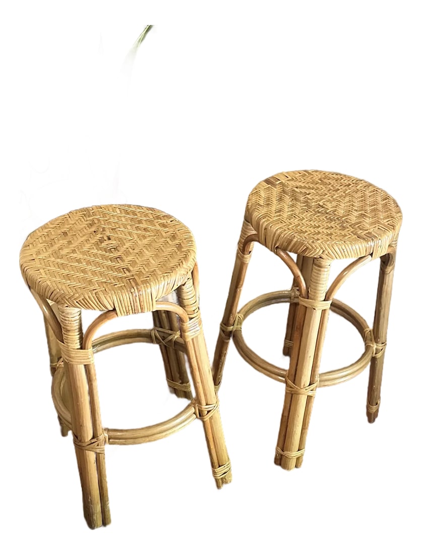 1970s Pair of Boho Woven Wicker Counter Stools: Up for consideration is a beautiful vintage pair of wicker woven bar stools. These would look lovely in your home and give off a gorgeous boho chic vibe. These are also a great find for the interior d