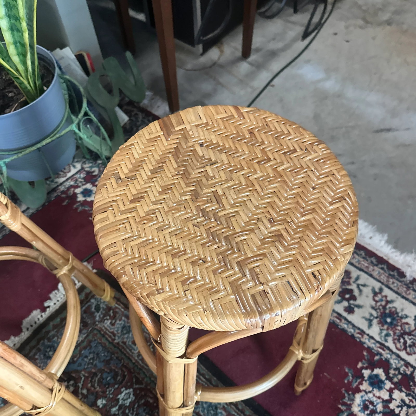 1970s Pair of Boho Woven Wicker Counter Stools - 7