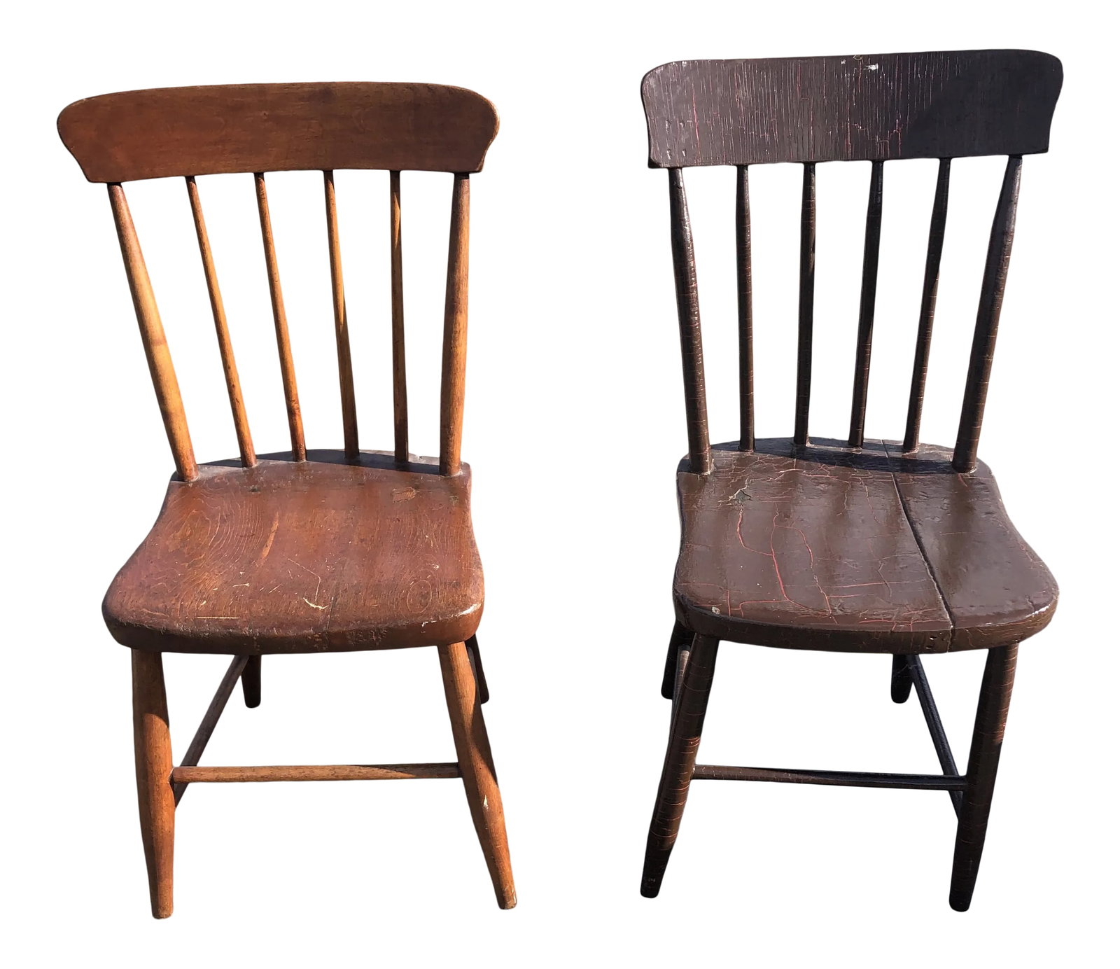 Vintage Rustic Schoolhouse Chairs - a Pair: Vintage pair of rustic wood children's schoolhouse chairs, one slightly bigger than the other and different in color. One is natural wood; the other has distressed brown paint with chippy red undercoa