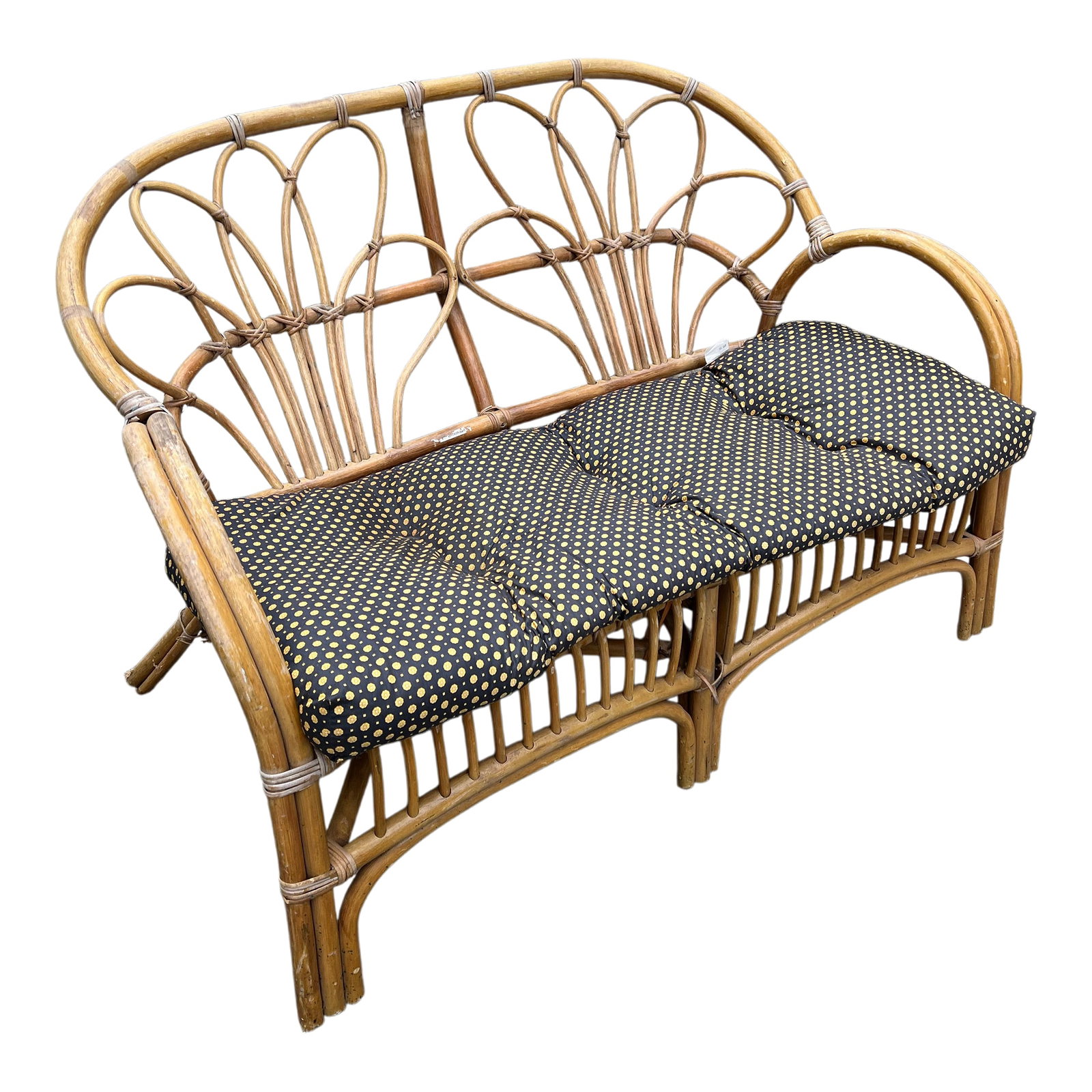 1970s Albini Style Bamboo Settee With Polka Dot Cushion: Up for consideration is a beautiful vintage Albini style bamboo settee with a polka dot cushion. This would look lovely in your home and it is a perfect conversation starter for your guests. This