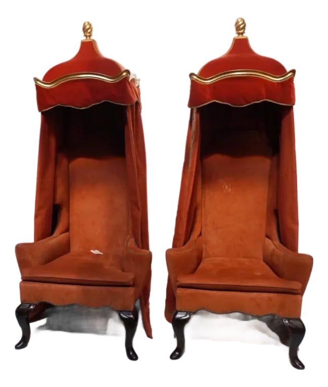 Late 20th Century Pair of Tall Baldachin Wingback King Chairs: Pair of Tall Baldachin / Baldaquin Wingback King / Thron Chairs. The Canopy / Cloth of State style top affixed to a tall-back red wingback chair. The chairs are supported by dark wood Cabriole legs.