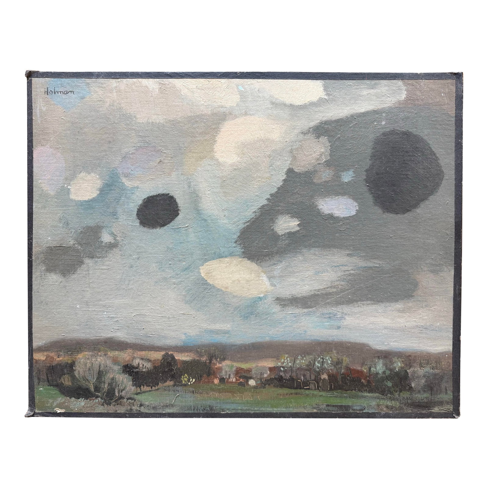 Mid Century Oil Painting on Board by Charles F. Holman: Unframed mid century oil painting of a pasture landscape and dark cloudy sky by Charles F. Holman (1919-2008) in 1955. Holman was a 20th century artist active in New York. Signature ("Holman") is pres