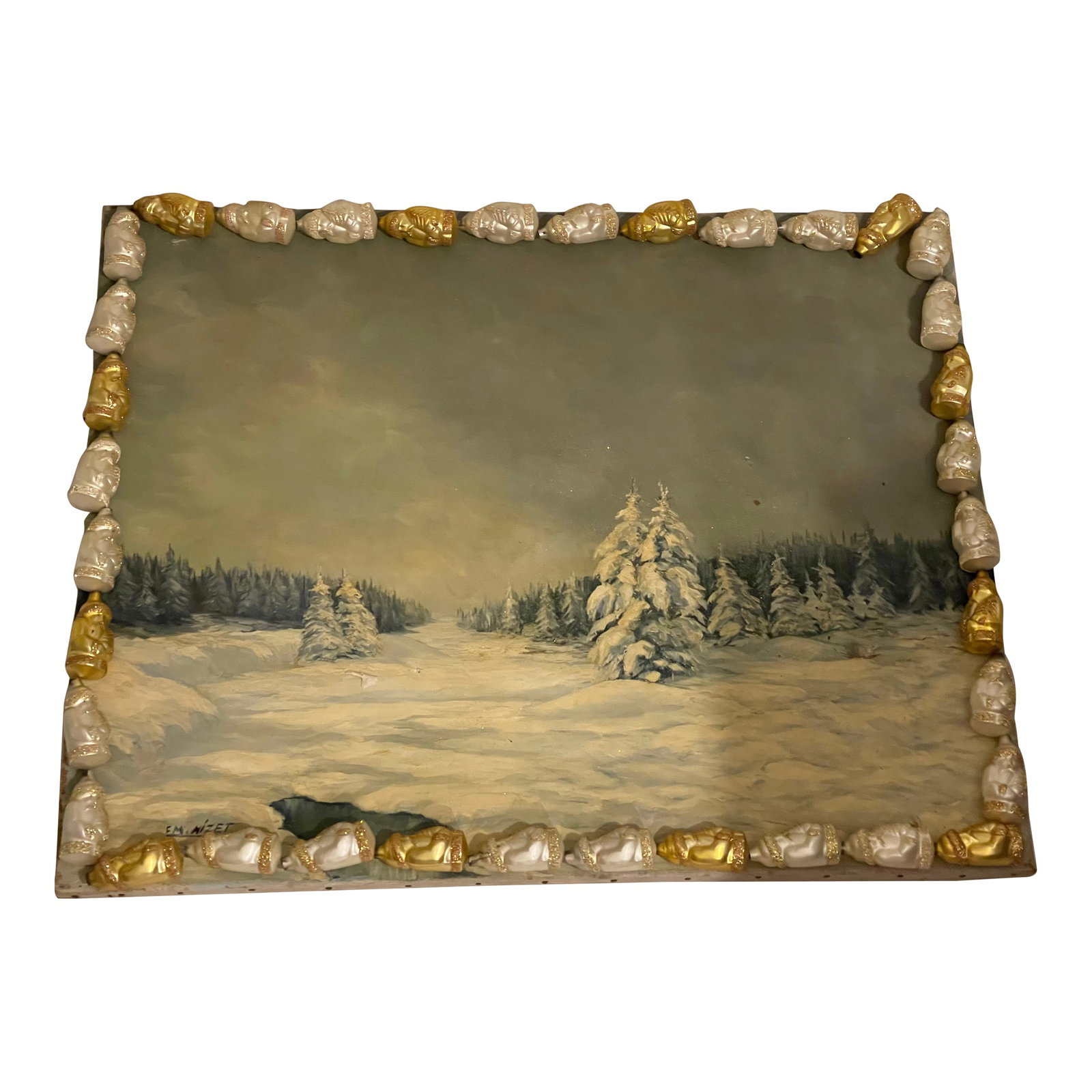 Dark Vintage Winter Landscape in Figural Santas Ornamental Frame: Antque original painting on canvas winter landscape, signed and dated. With ornamental figural frame if vintage blown glass Santa z Claus figurines in silver and gold. Condition: Alterations: