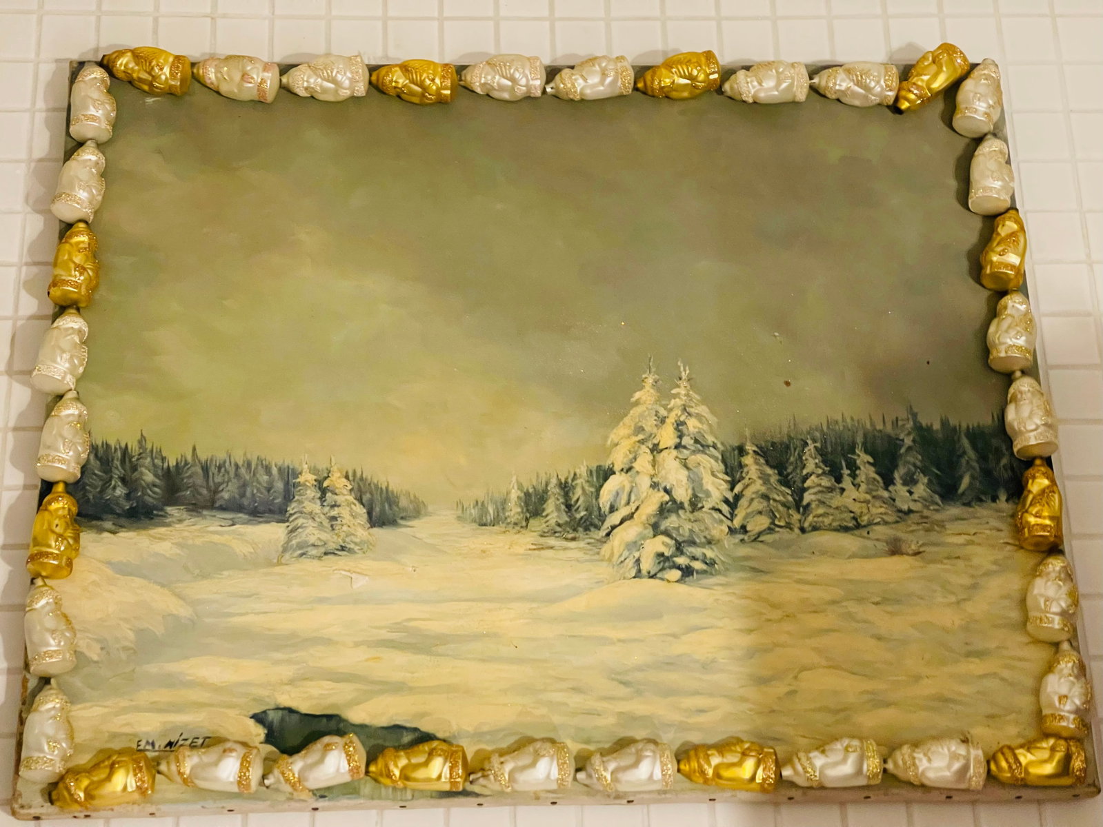 Dark Vintage Winter Landscape in Figural Santas Ornamental Frame - 2