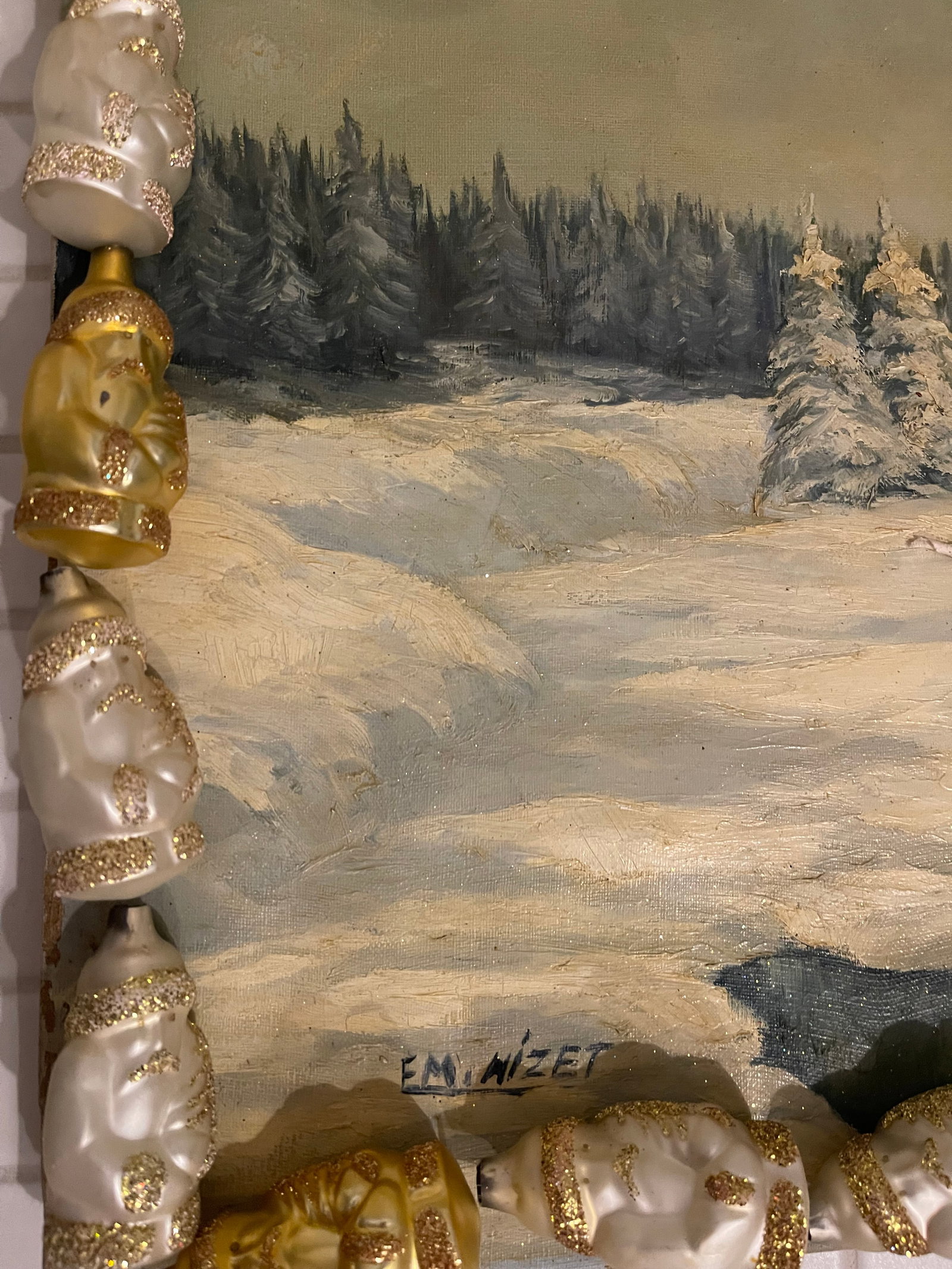 Dark Vintage Winter Landscape in Figural Santas Ornamental Frame - 5