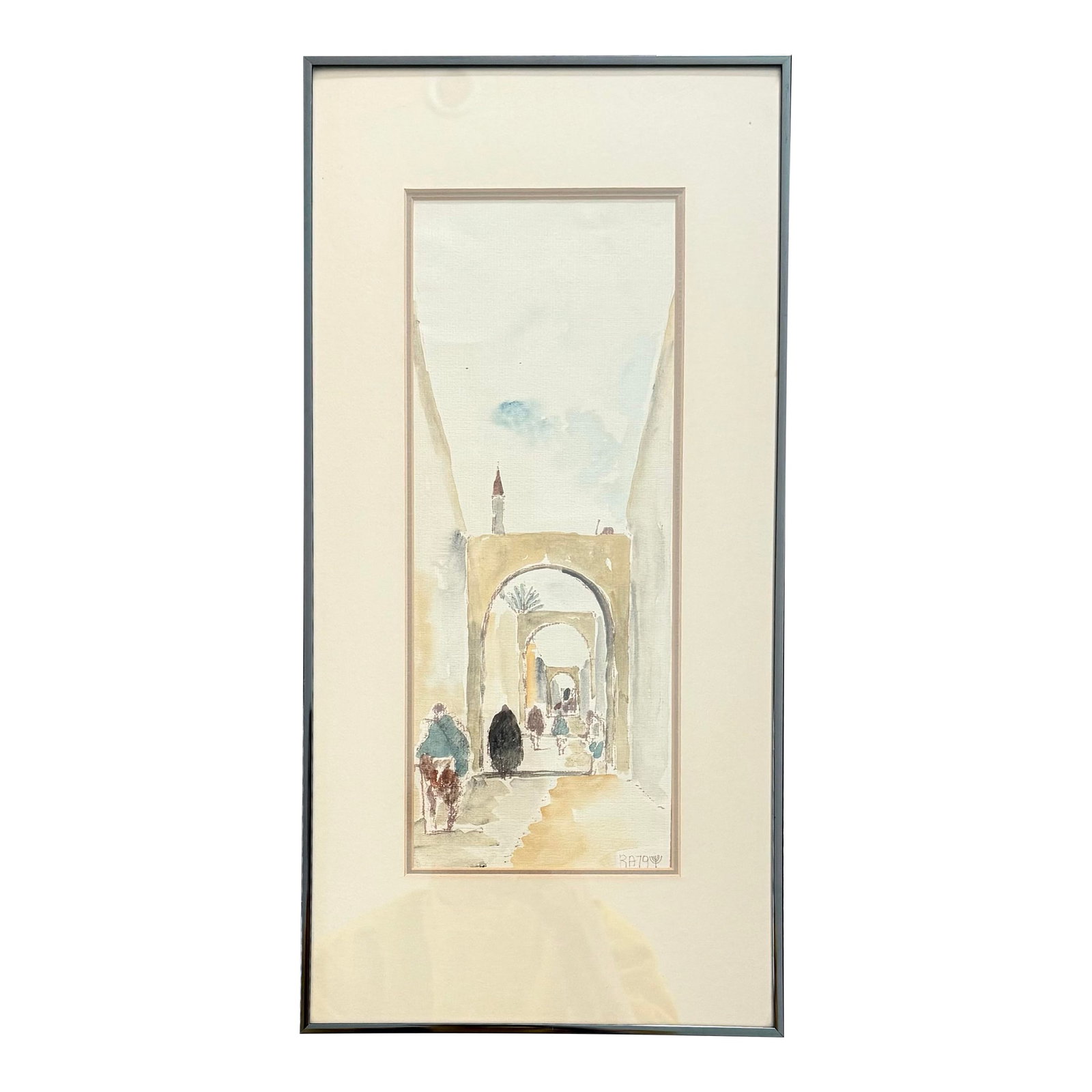 Vintage Framed Watercolor Painting: Vintage framed watercolor painting depicting a street scene of people walking through an arched alleyway. Framed in a modern black metal frame. Signed "RA79". Frame dimensions are 8.75" x 17.5" 1.25"